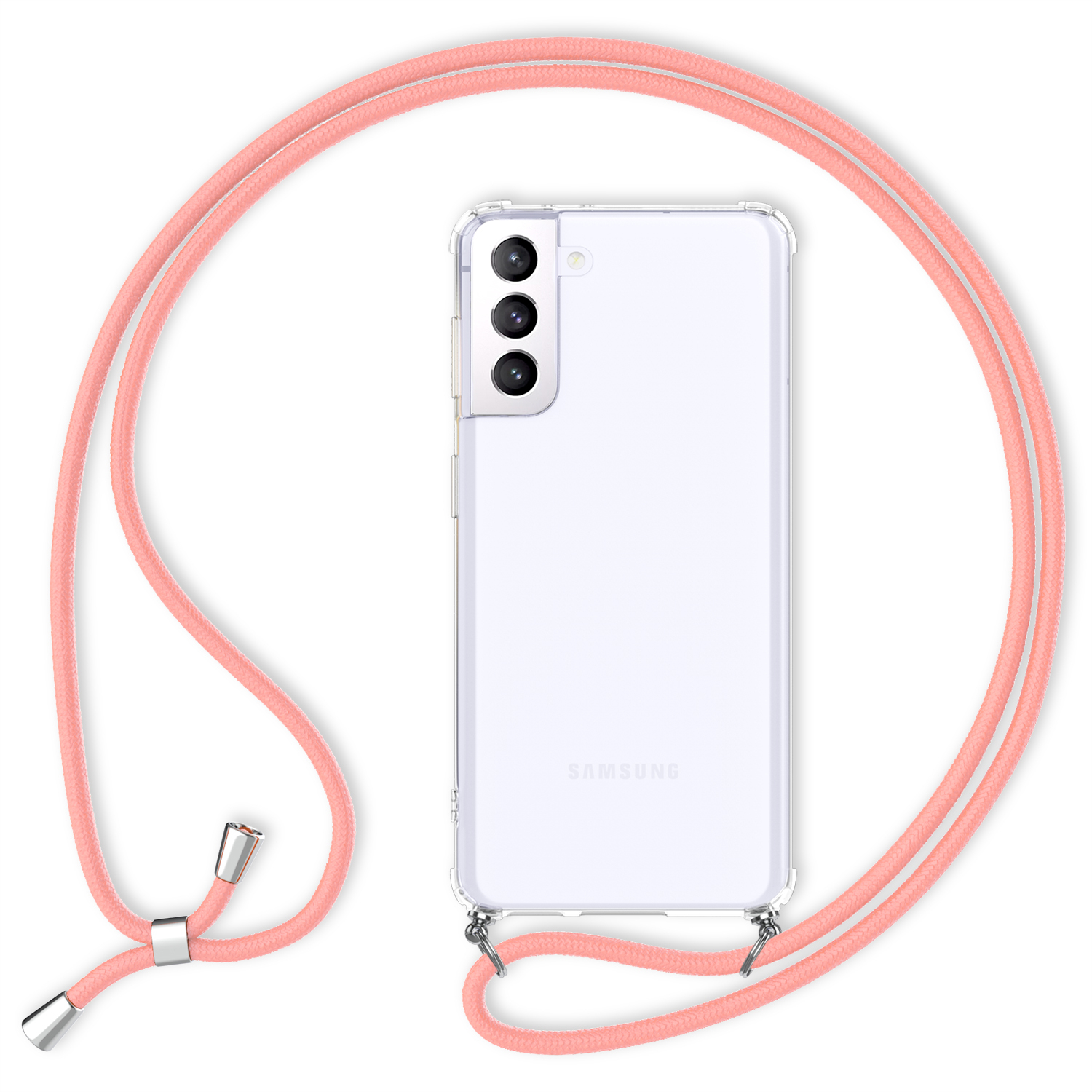 Ein Telefon mit einer transparenten Hülle und einem rosa Gurt. Der Gurt hat silberne Metalldetails.
