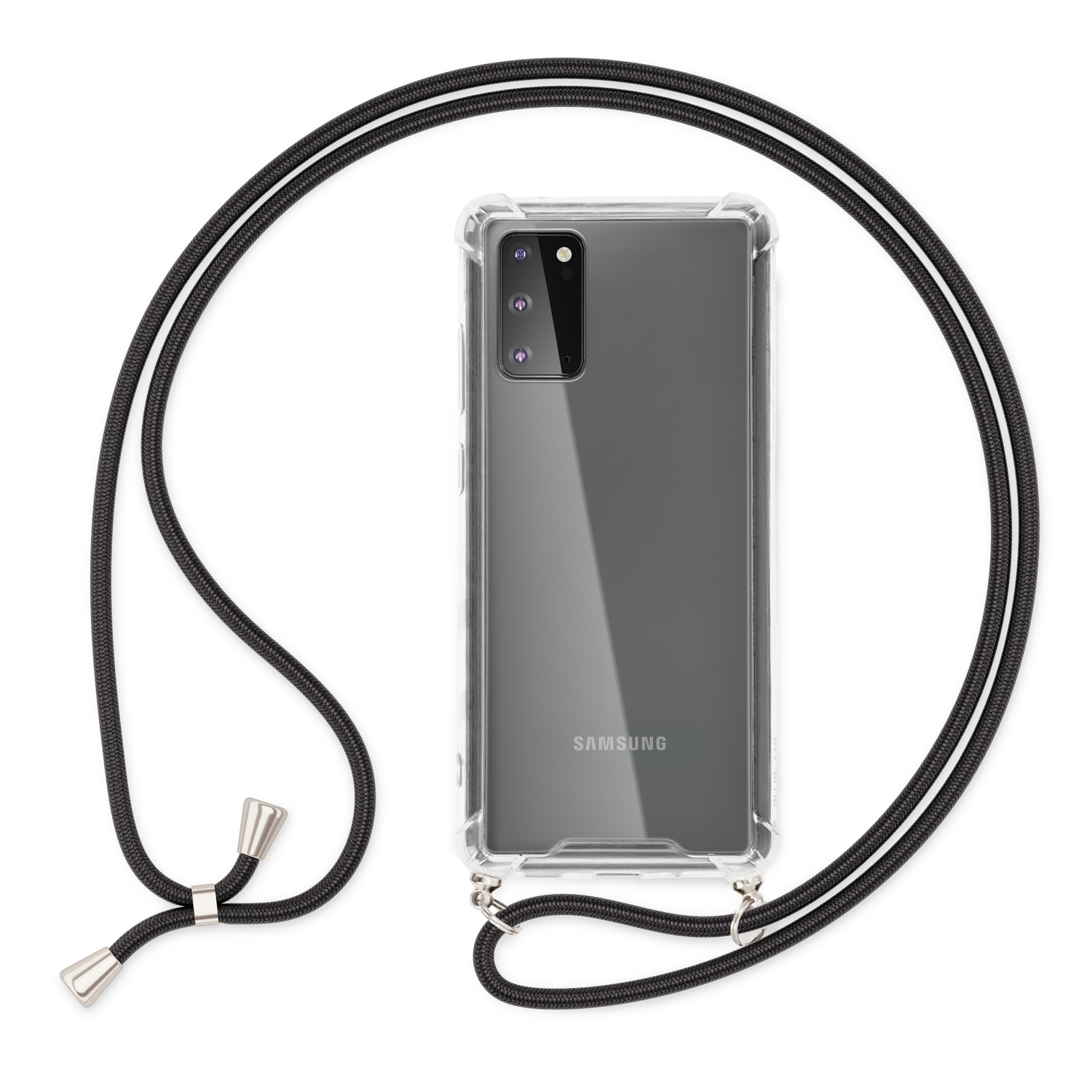 Coque transparente avec cordon noir, téléphone avec logo Samsung visible. Fond blanc.
