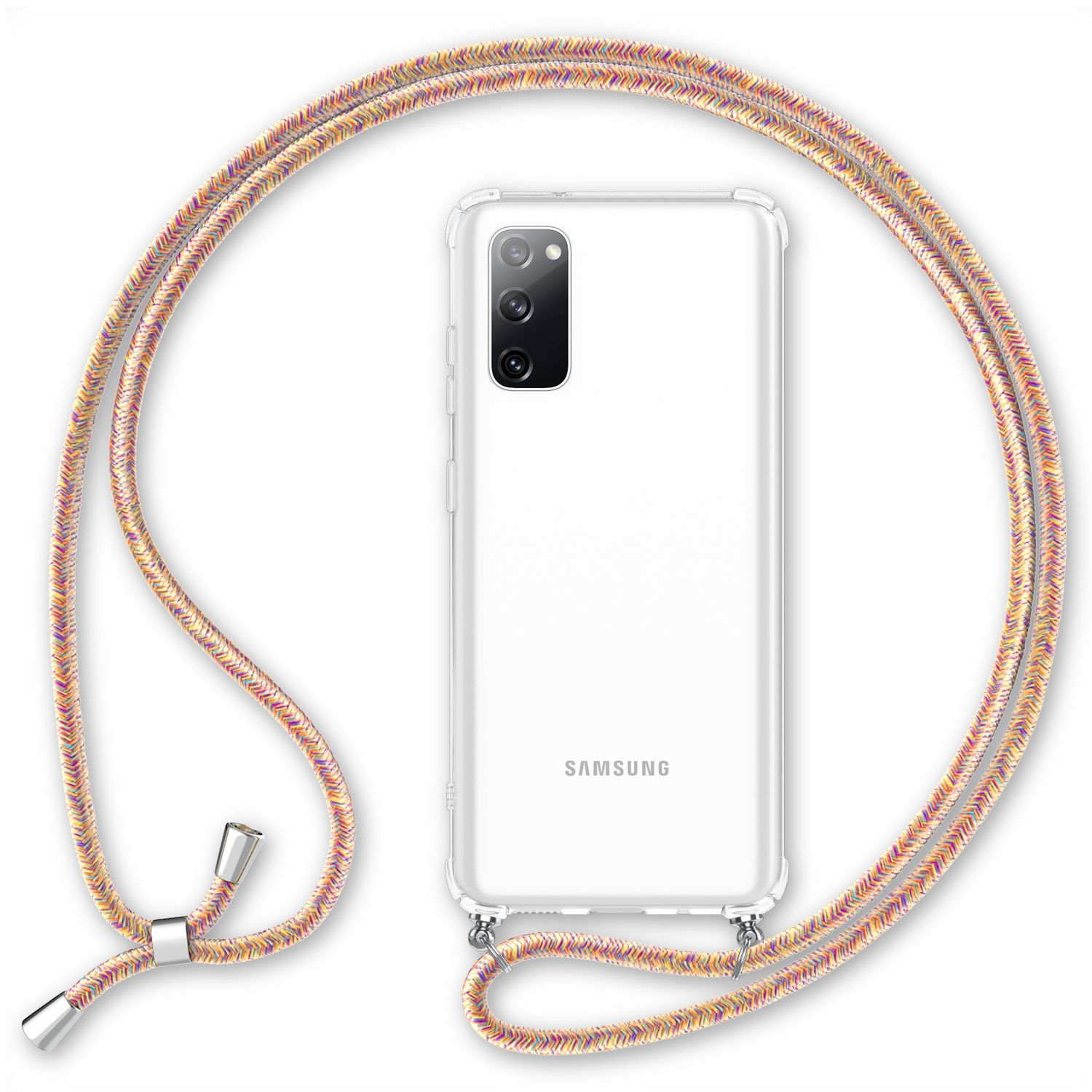 Eine transparente Handyhülle mit Telefon und einem bunten Umhängeband.