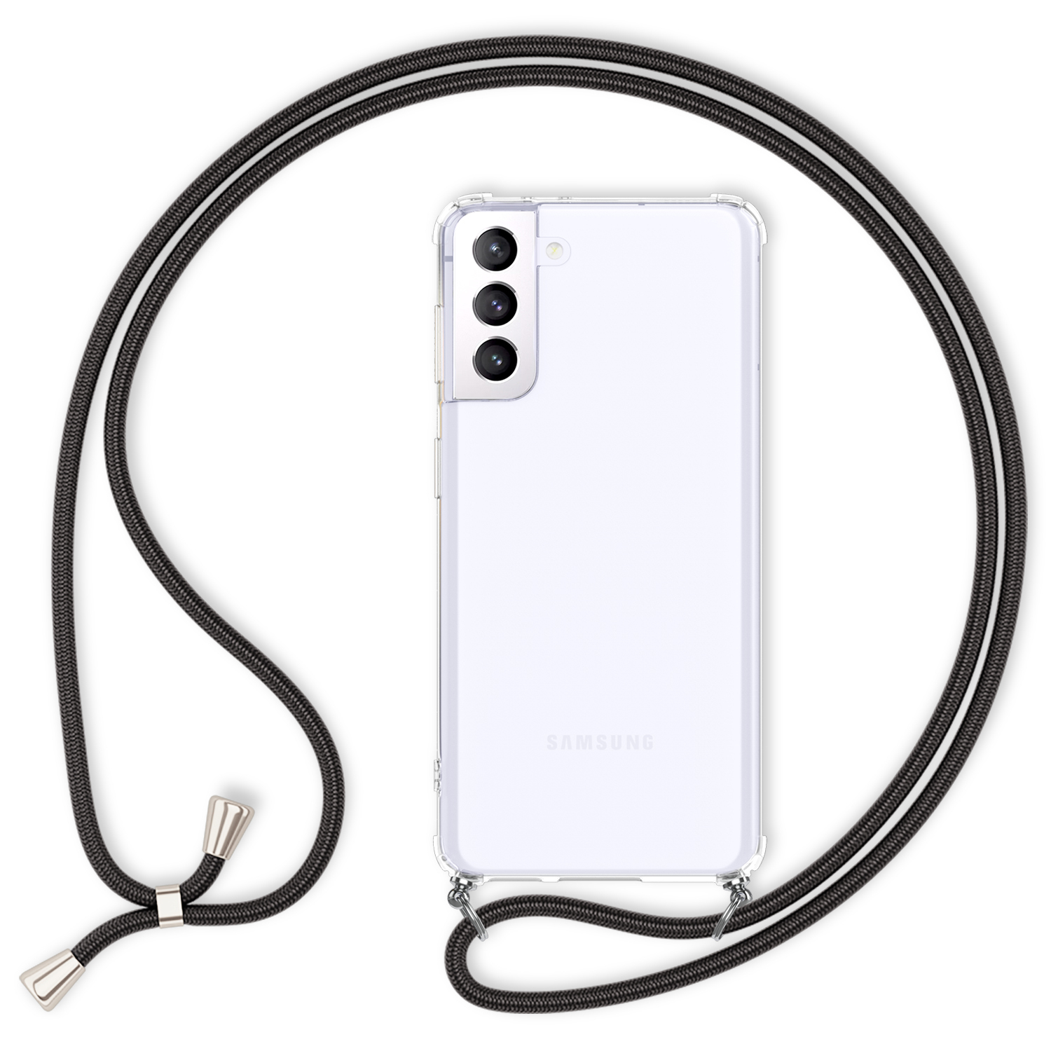 Transparente Handyhülle mit schwarzem Kordel. Smartphone mit Dreifachkamera.