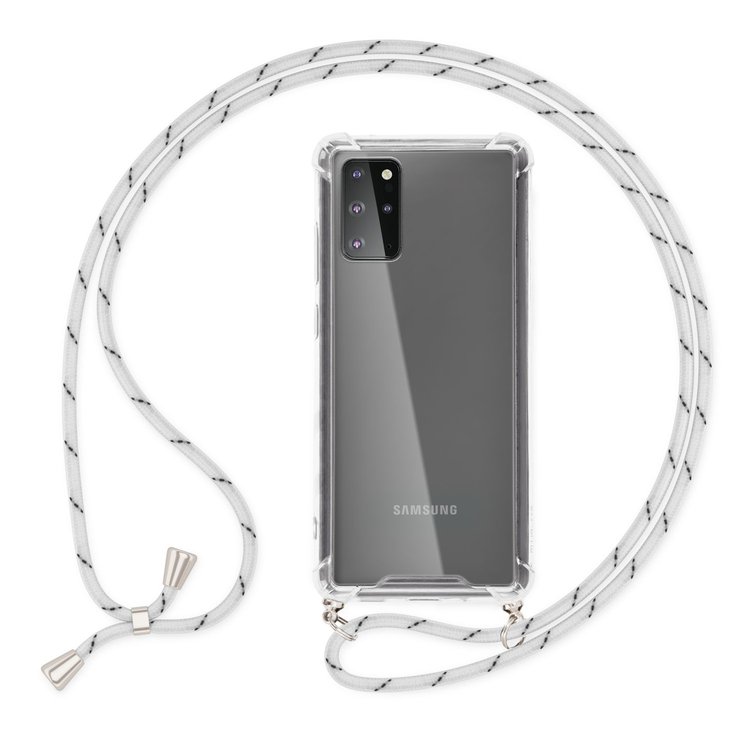 Eine transparente Handyhülle mit weißem und schwarzem Kordel um ein schwarzes Telefon mit Kamera.
