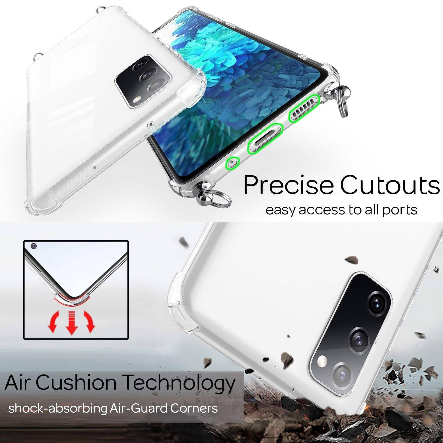 Handyhülle, mit Text: Air Cushion Technology und Precise Cutouts.