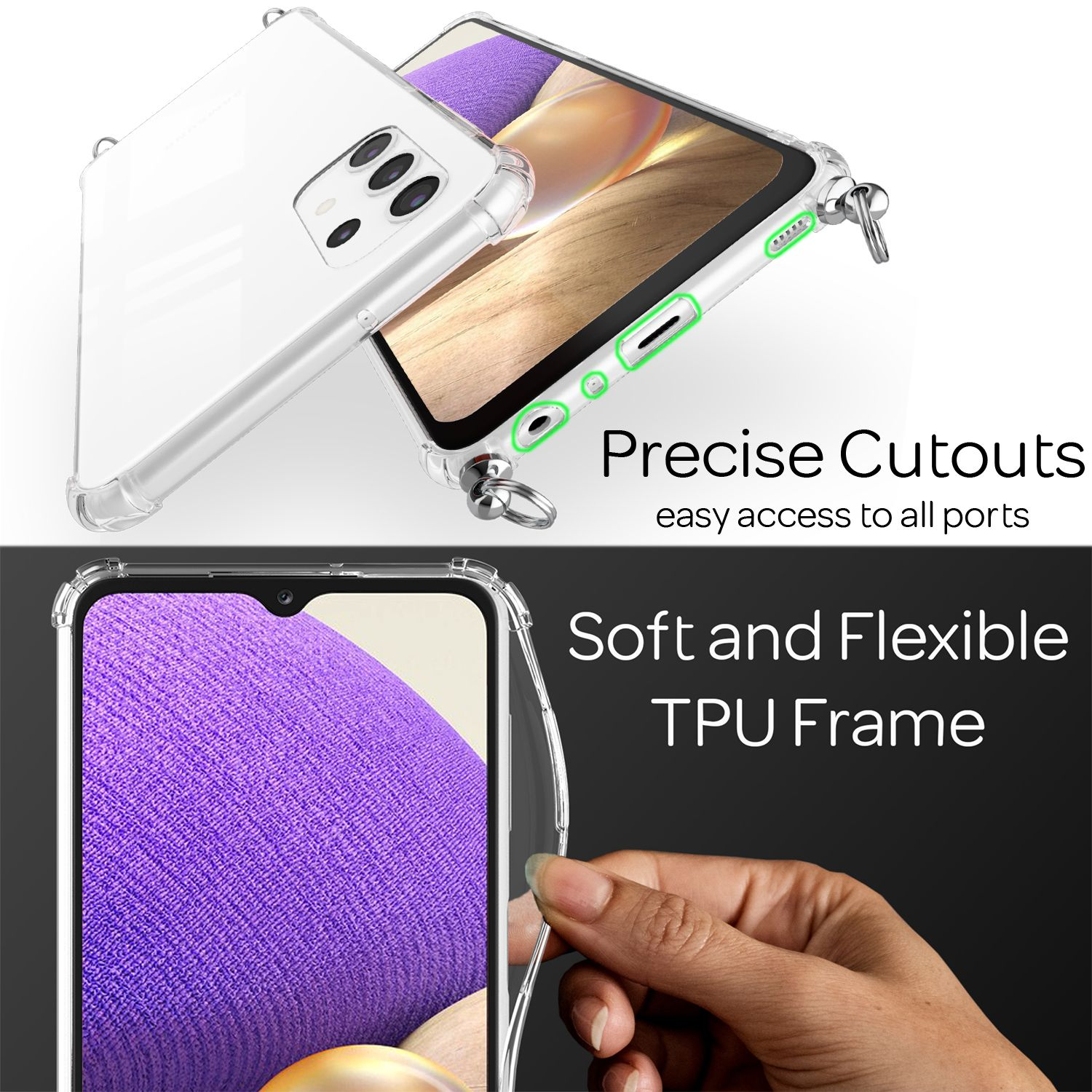 Transparente Handyhülle mit präzisen Aussparungen. Eine Hand hält das Handy.
