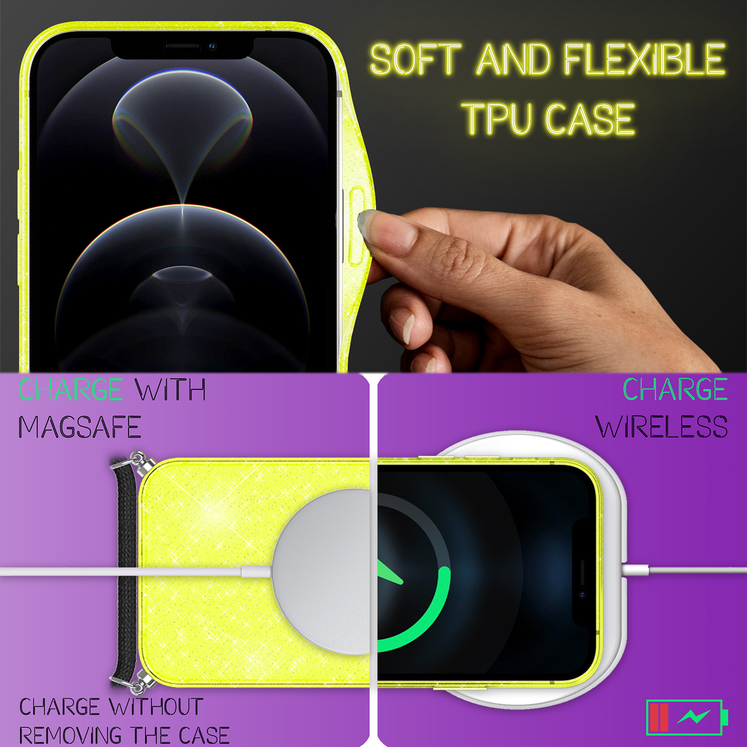 Gelbe Handyhülle mit Telefon. Die Hülle hat den Text 'SOFT AND FLEXIBLE TPU CASE'.