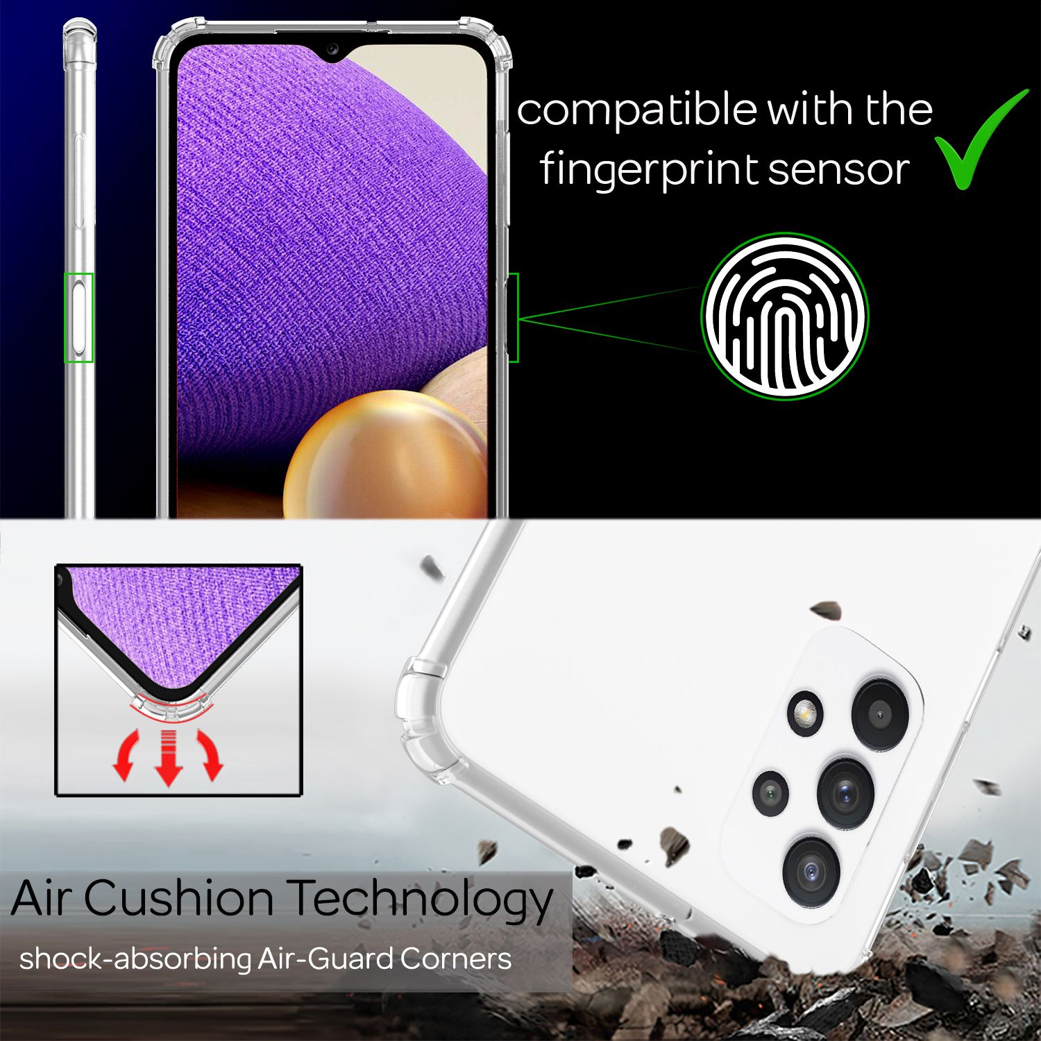 Coque de téléphone transparente. Caractéristiques : compatible avec capteur d'empreintes digitales, technologie coussin d'air.