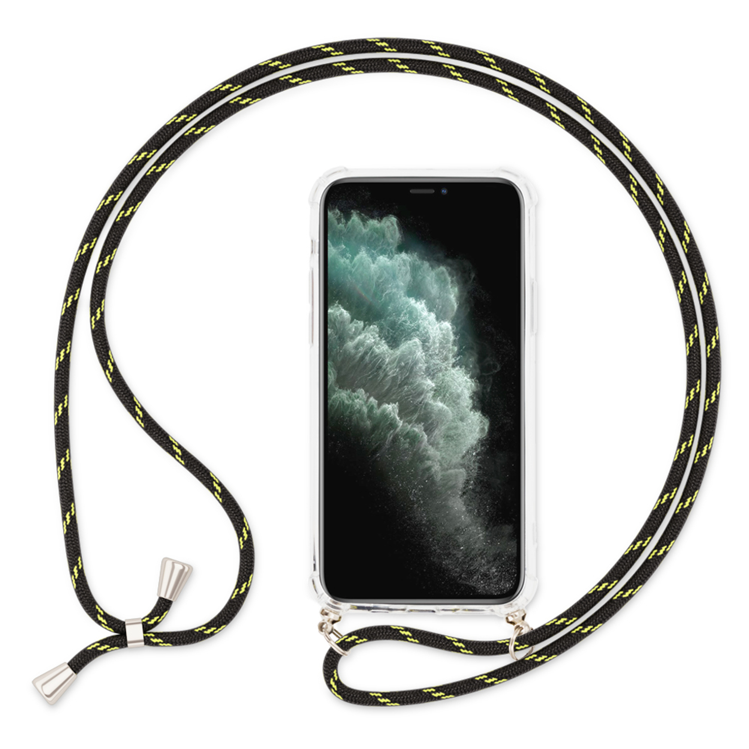 Schwarze Handyhülle mit schwarzem und gelbem Seilriemen, silberne Verschlüsse. Das Telefon ist sichtbar.