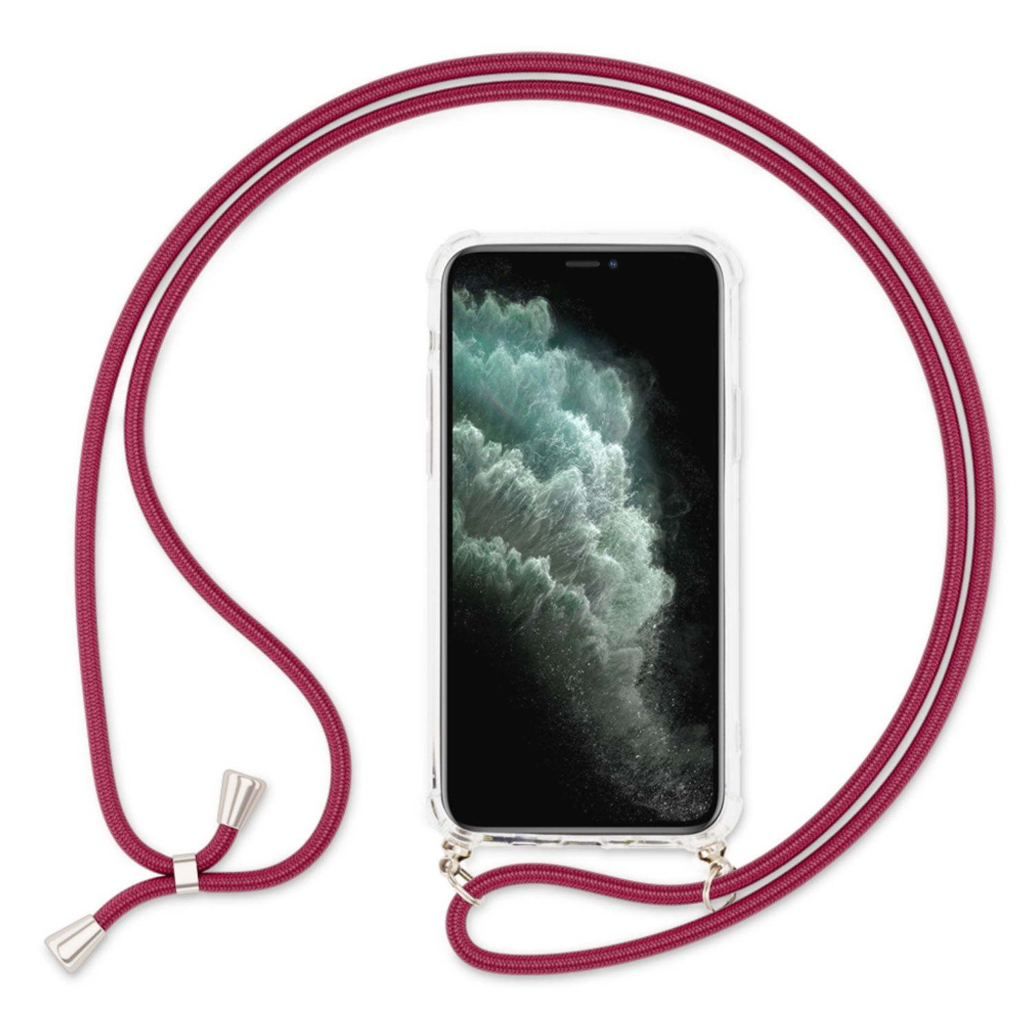 Transparente Handyhülle mit Lanyard. Das Telefon ist sichtbar, und das Lanyard ist rot und weiß.