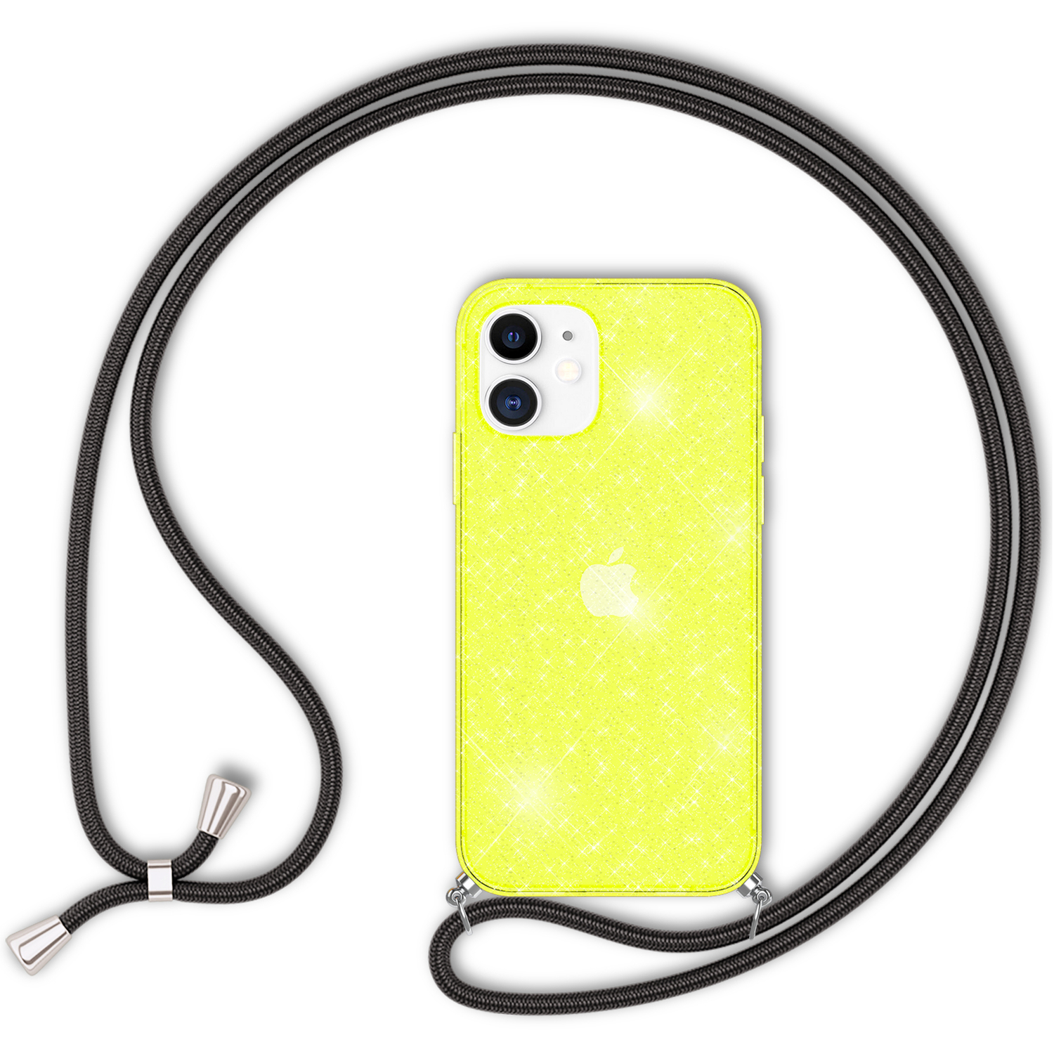 Funda de teléfono amarilla con purpurina y un cordón negro. El teléfono tiene 2 cámaras.