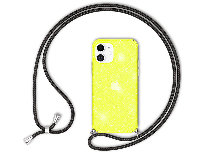 Backcover, iPhone Hülle Pro, iPhone 12 Apple, NALIA mit Glitzer 12 Kette zum Silikon Neon Gelb Umhängen,