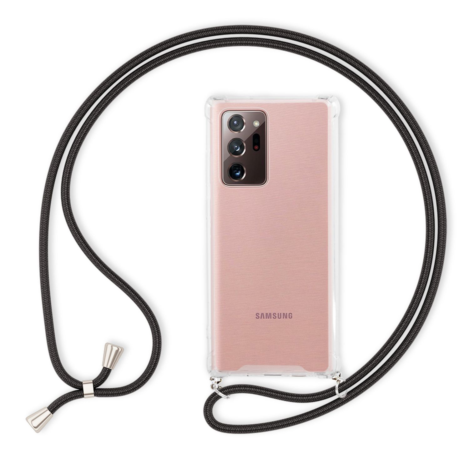 Ein pinkes Telefon mit klarer Hülle und schwarzem Kabel. Am Telefon ist ein Umhängeband befestigt.