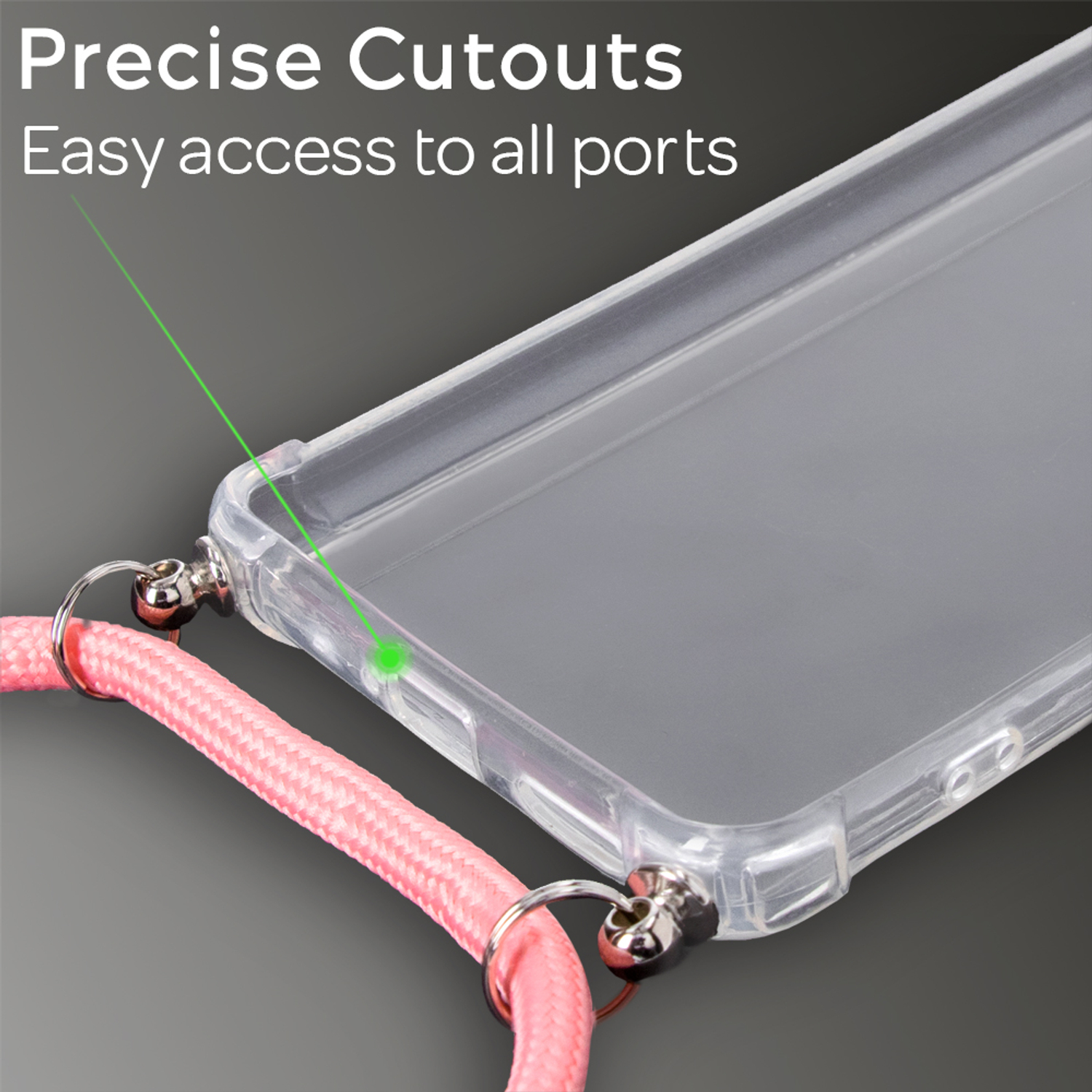 Transparente Handyhülle mit pinkfarbenem Lanyard und silbernen Metallaufsätzen.