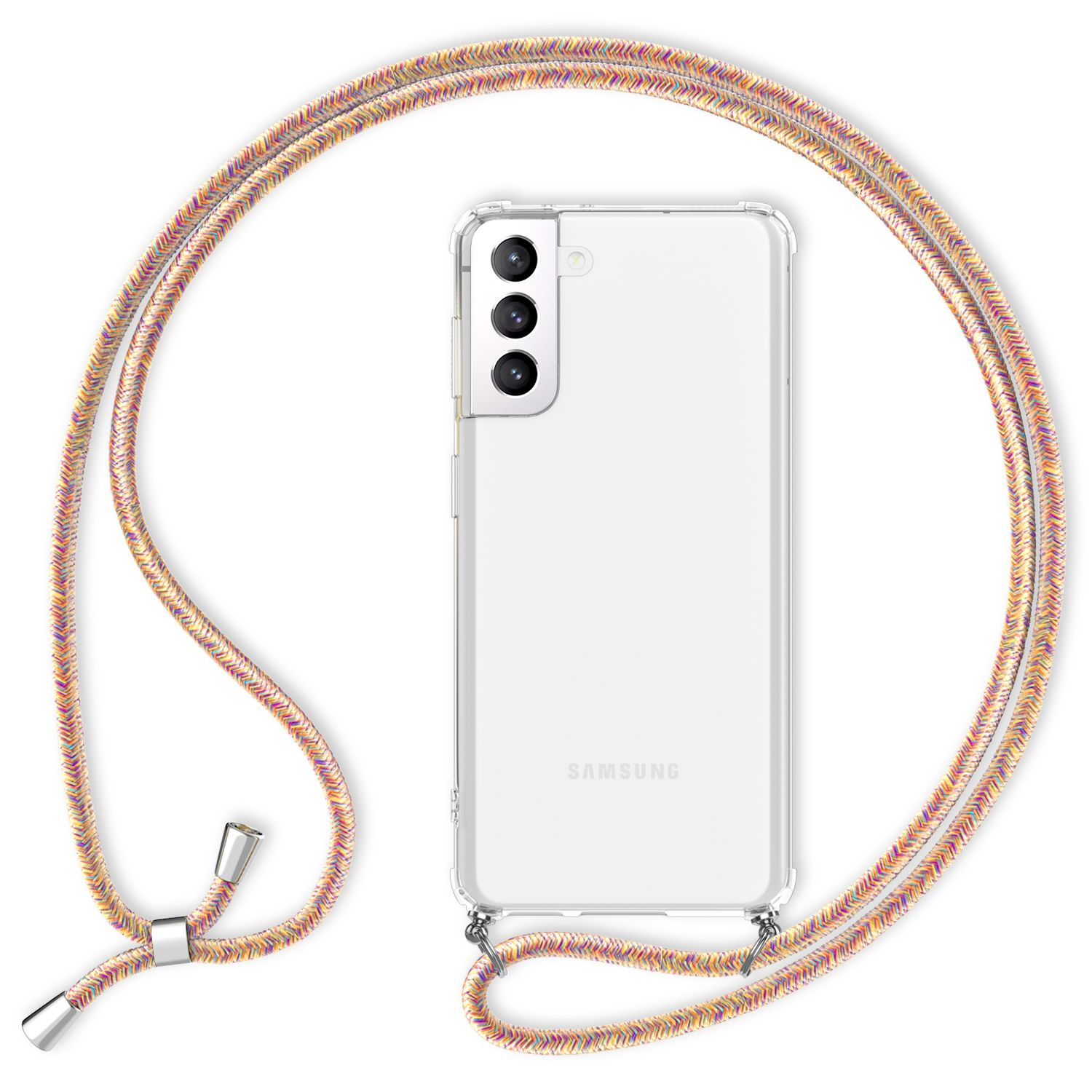 Transparente Handyhülle mit Kordel um ein Telefon. Die Kordel hat ein Farbmuster.