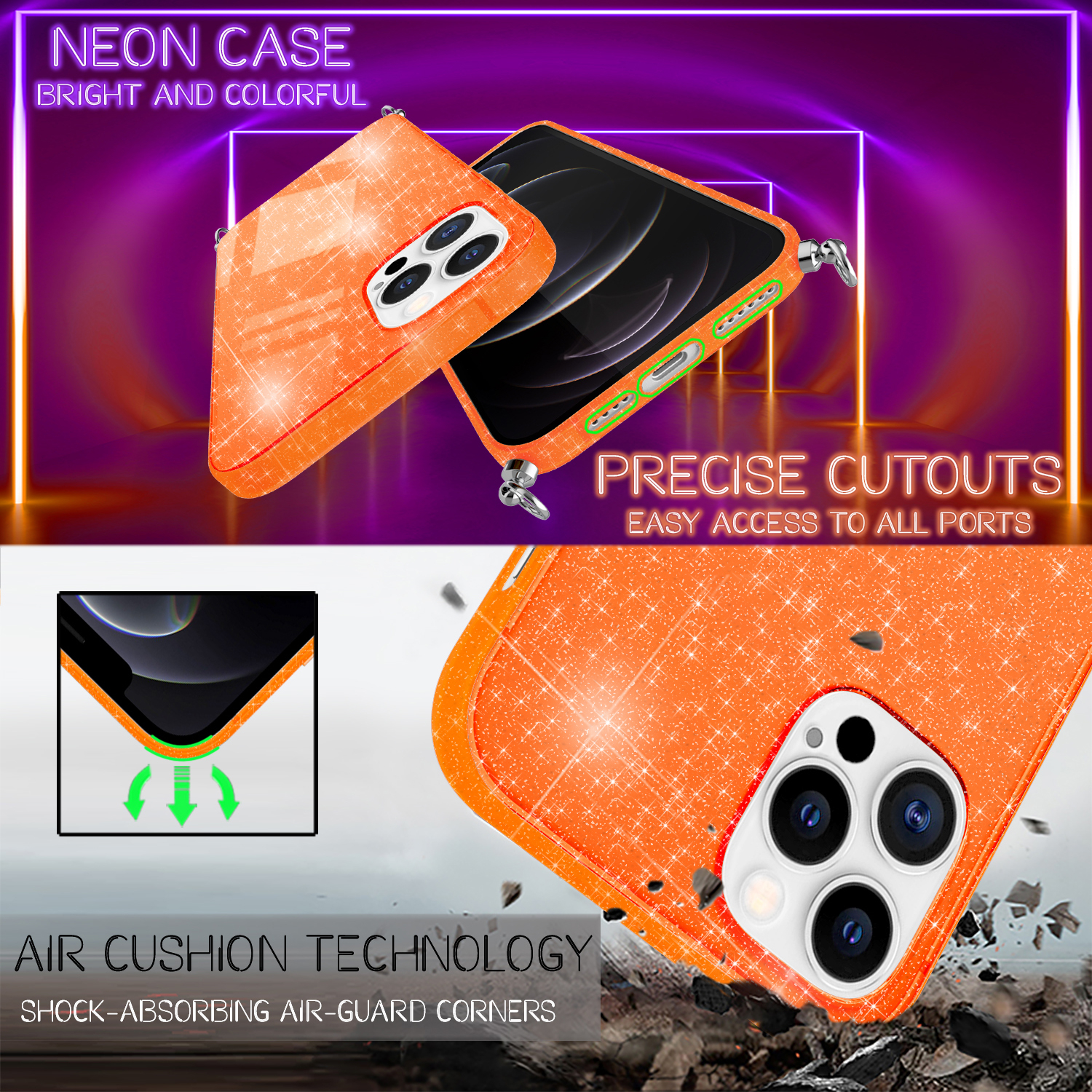 Eine leuchtend orangefarbene Handyhülle mit Glitzer und dem Satz "AIR CUSHION TECHNOLOGY".