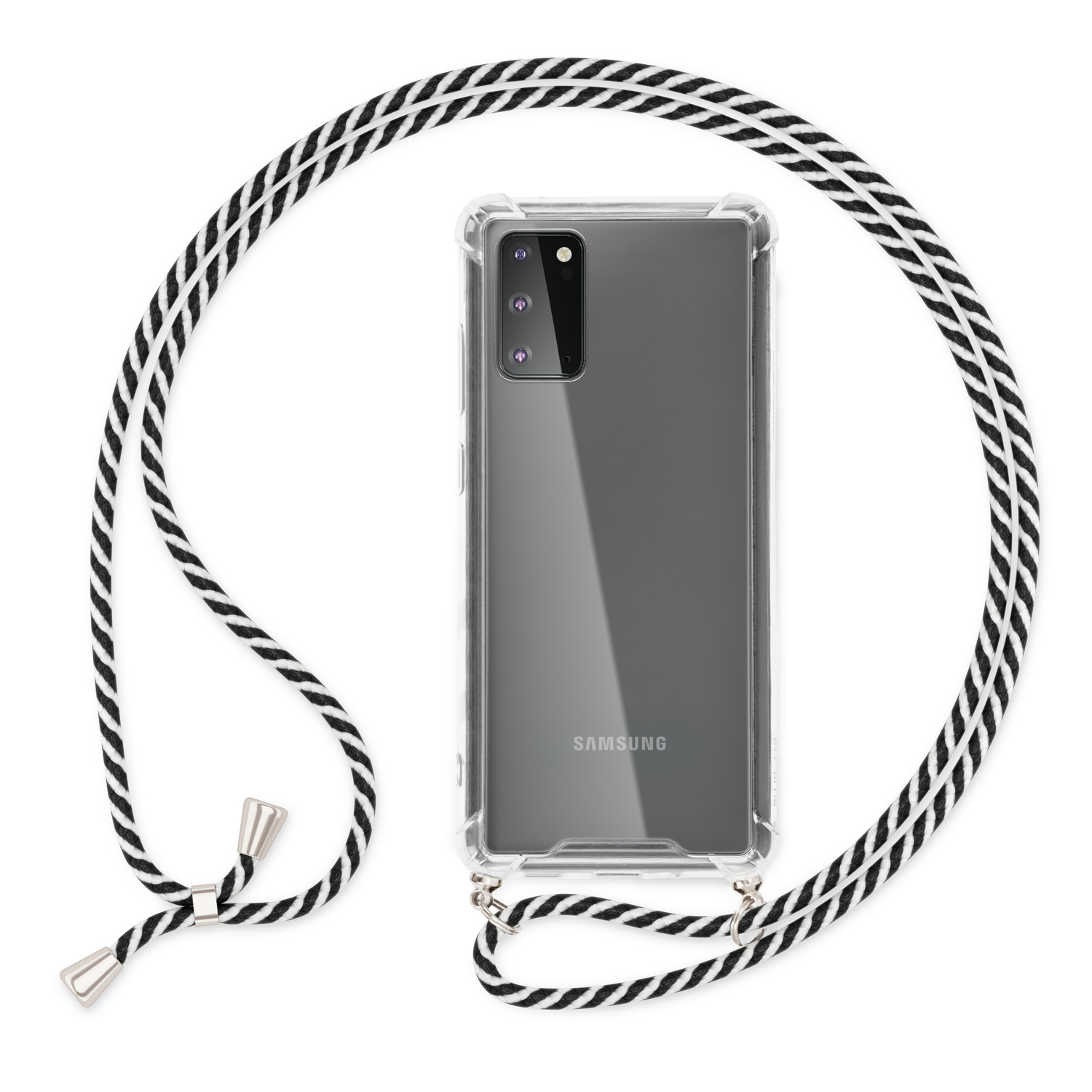 Transparente Handyhülle an einem Telefon mit schwarz-weißem Seil, weißer Hintergrund.