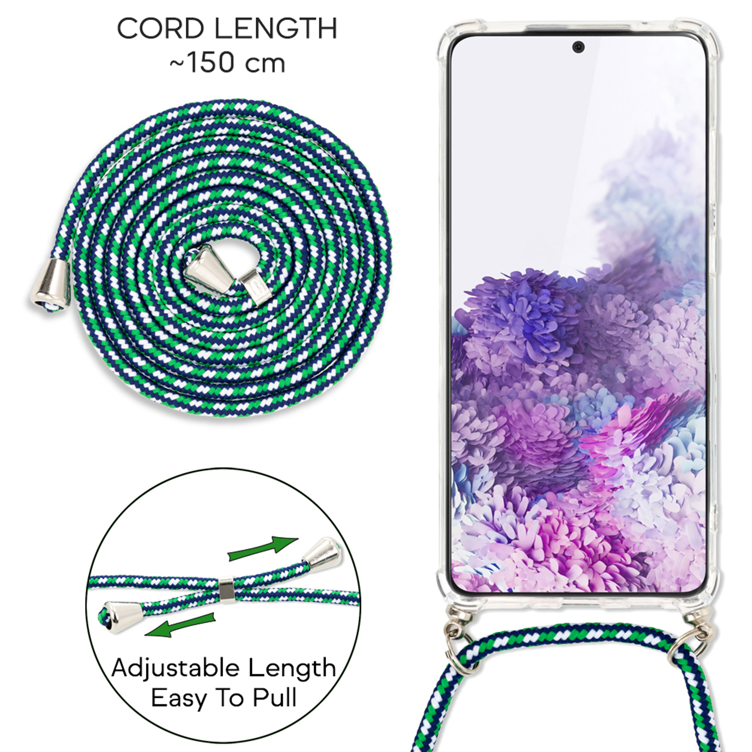 Telefon mit gemustertem Kabel. Text: Kabellänge ~150 cm. Einstellbare Länge.