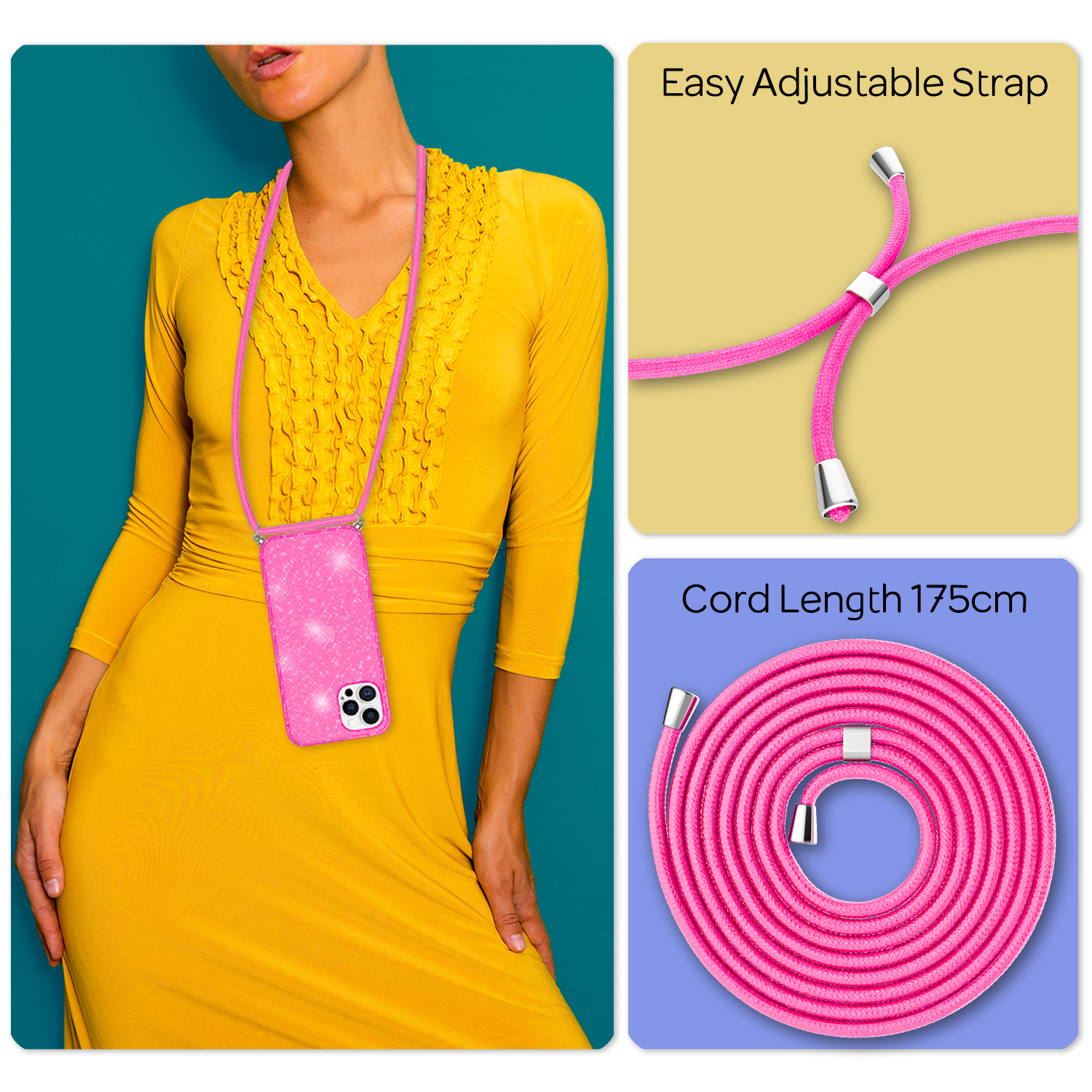 Frau mit gelbem Kleid, pinkfarbenem Telefonband und Handyhülle.