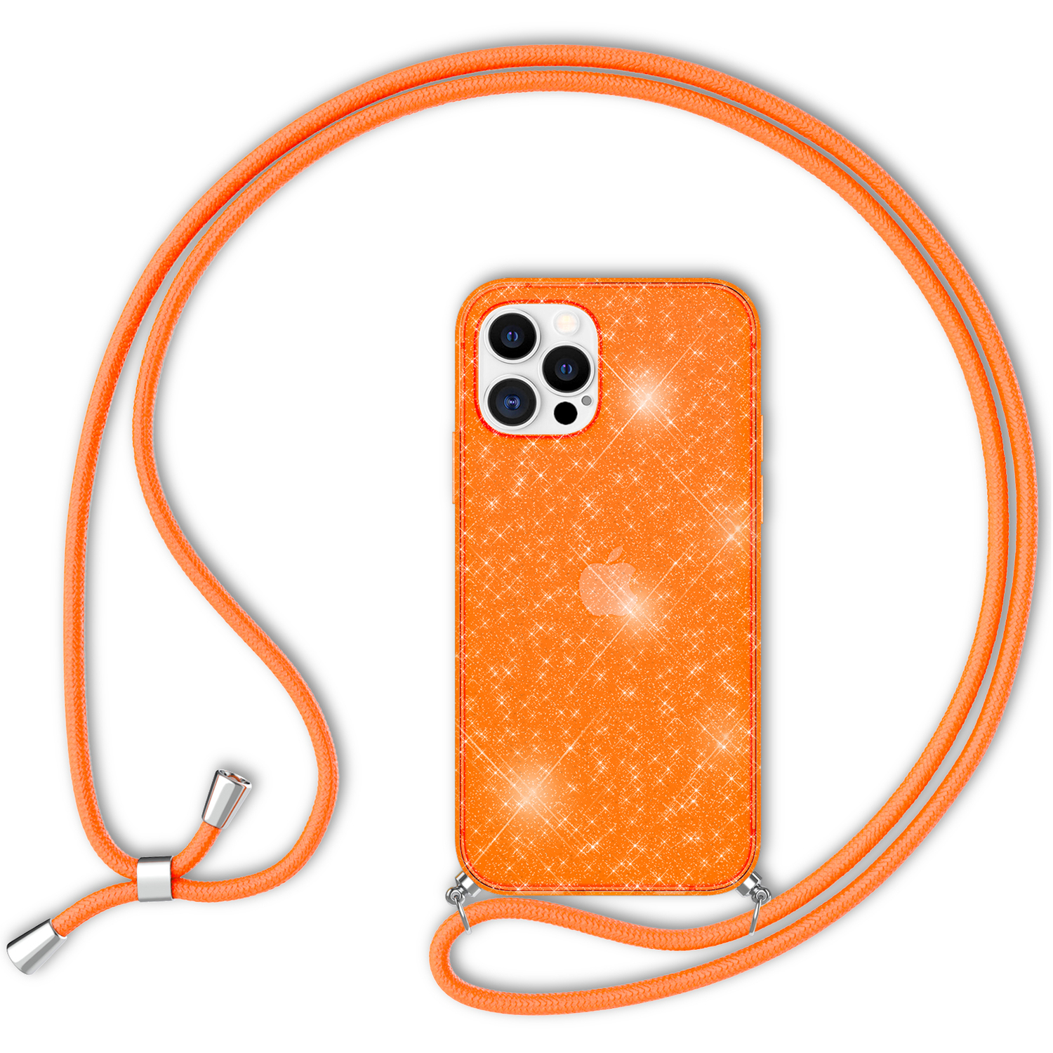Kette Backcover, iPhone Pro Max, zum 12 Glitzer NALIA Silikon Umhängen, Hülle Neon Apple, Orange mit