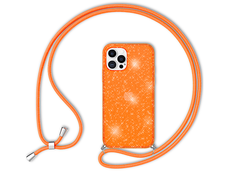 NALIA Neon Glitzer Silikon Orange Backcover, iPhone Max, Kette 12 Pro Umhängen, Hülle zum Apple, mit