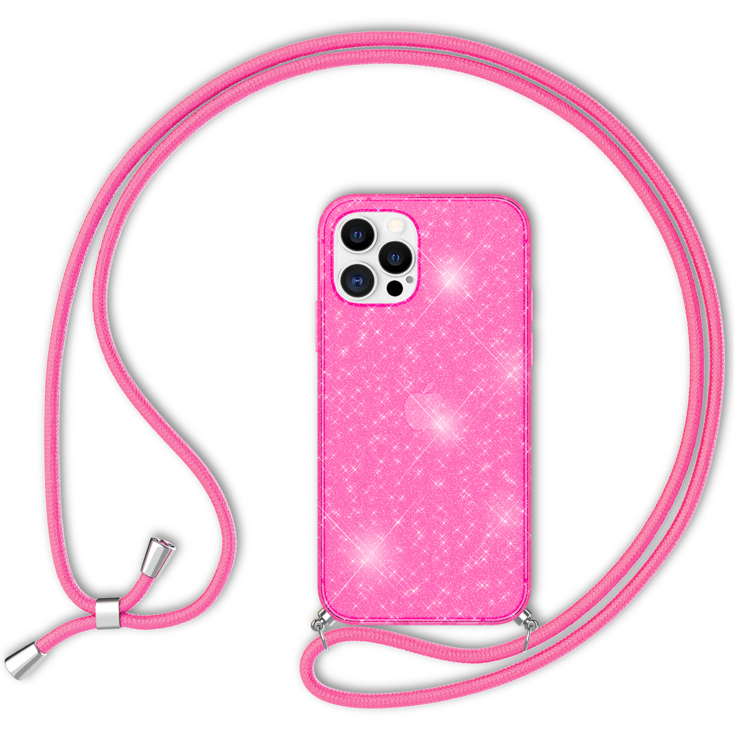 Eine pinke Glitzer-Handyhülle mit einem Schlüsselband.