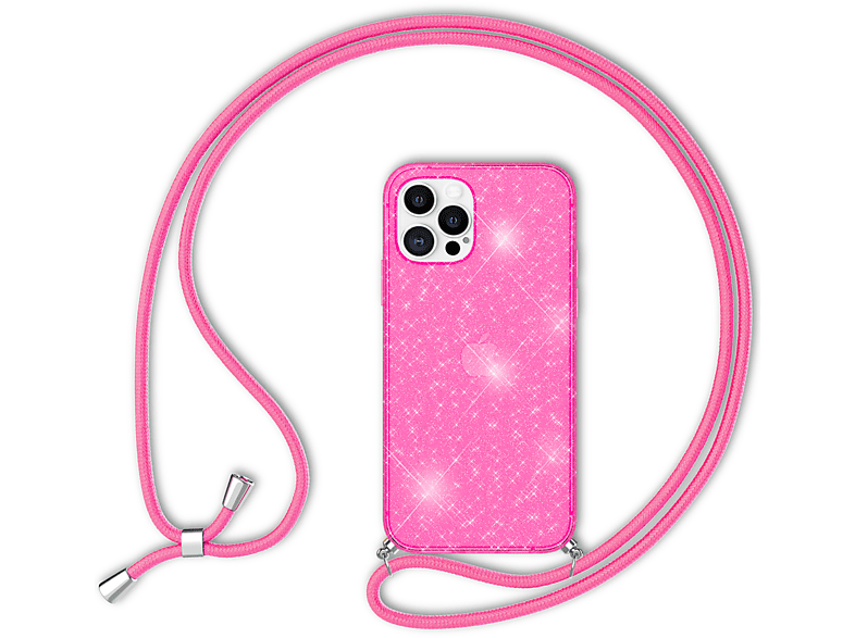 NALIA Neon Glitzer Silikon mit Pink Pro iPhone Kette Max, Apple, Backcover, zum 12 Hülle Umhängen