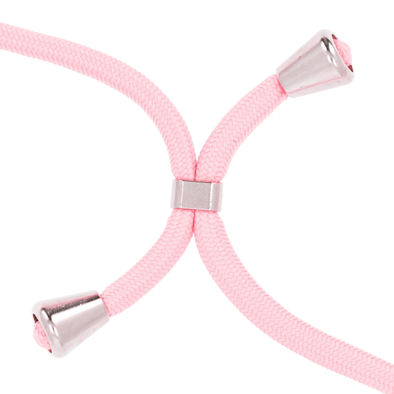 Nahaufnahme einer rosa Telefonschnur. Die Schnur hat silberne Metallteile an jedem Ende.