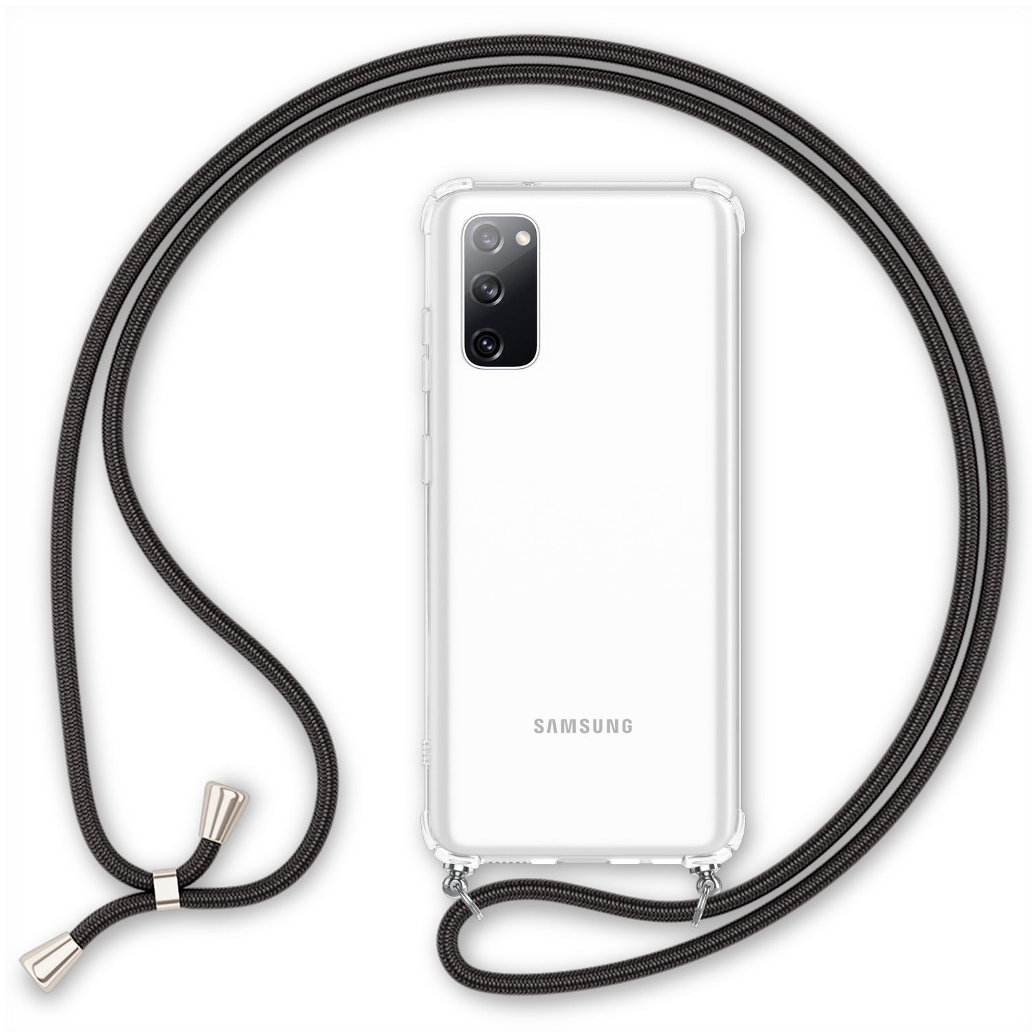 Eine transparente Telefonhülle mit schwarzem Kabel, Rückseite des Telefons mit Samsung-Logo.