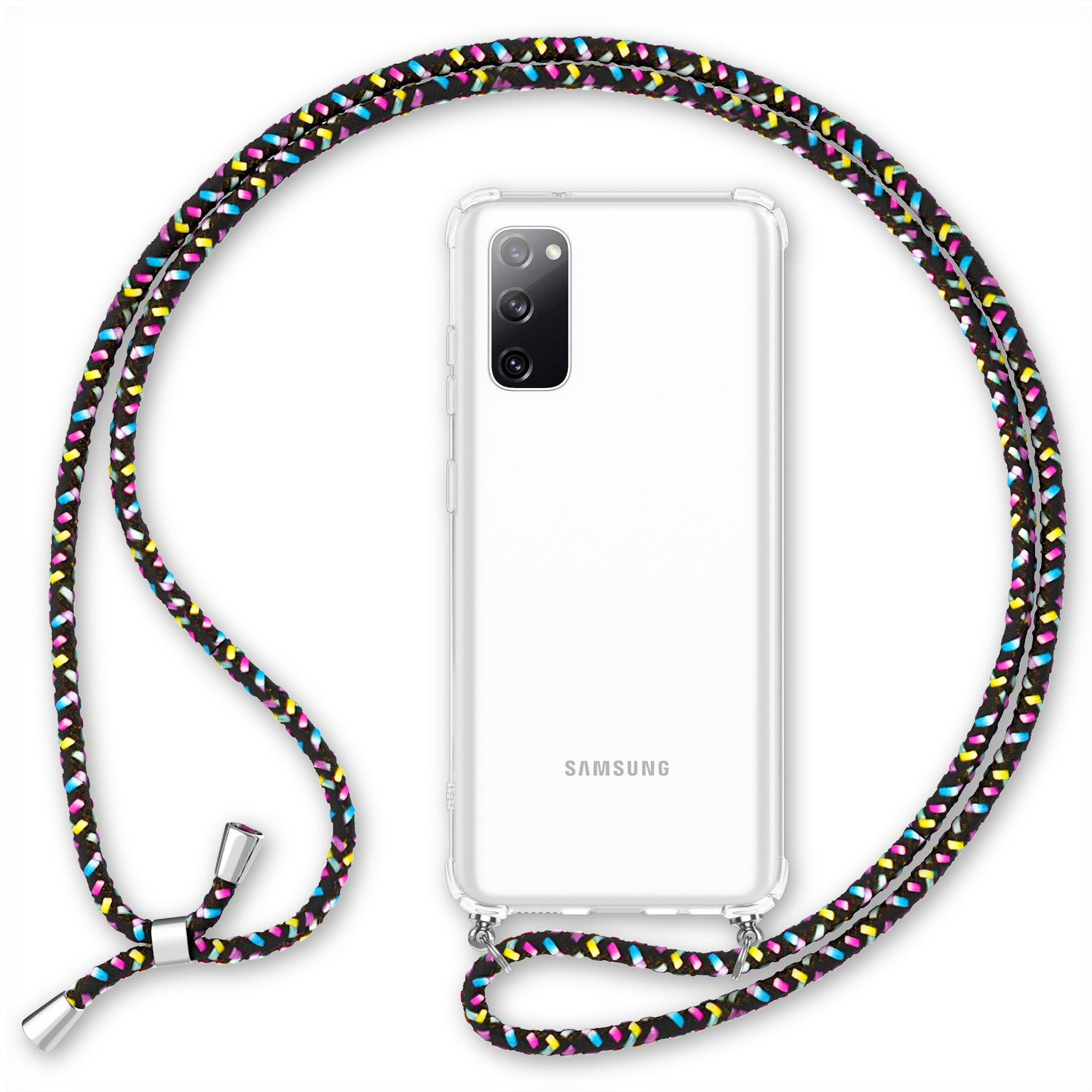 Transparente Handyhülle mit schwarzem und farbenfrohem Band. Telefon hat Dreifachkamera und Samsung Logo.