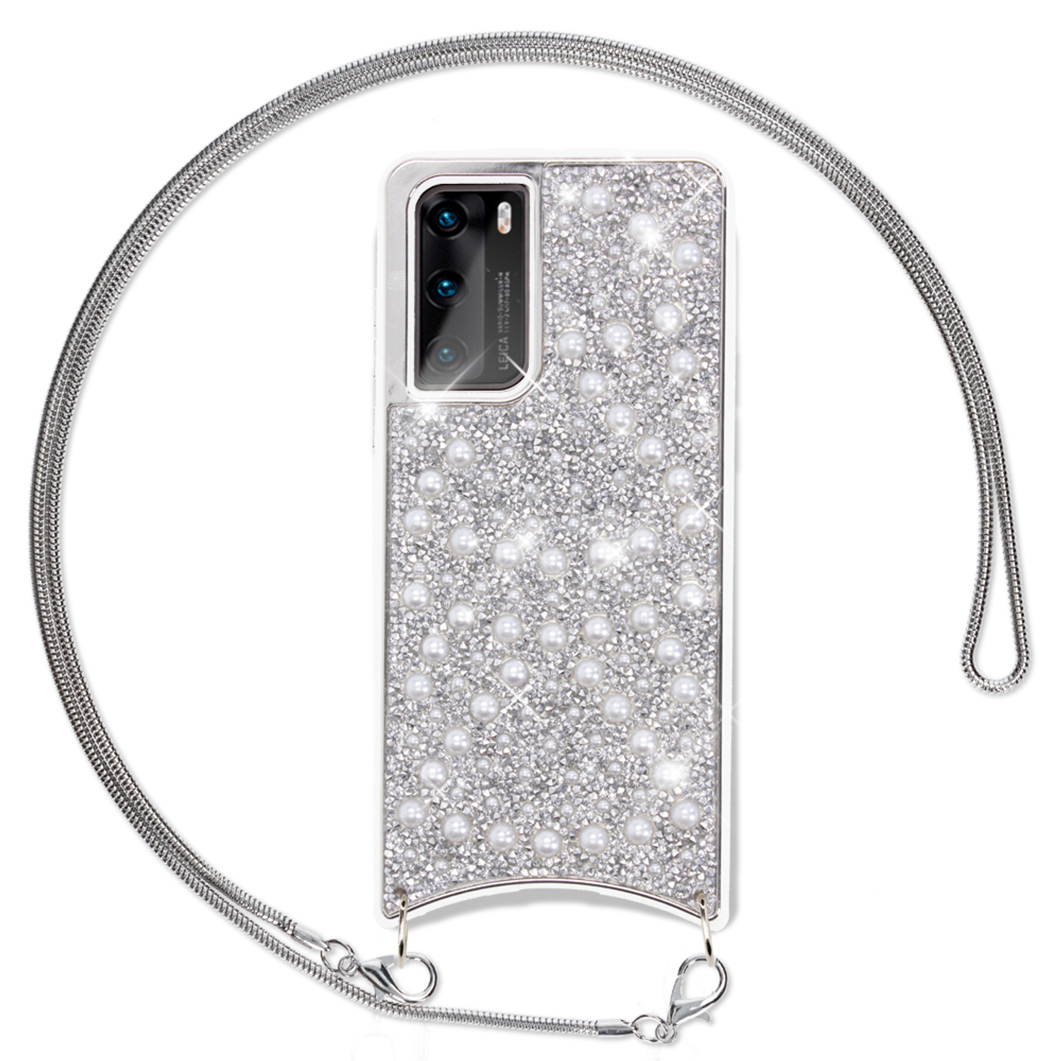 Custodia per telefono con perle e catena d'argento. La custodia è bianca, la catena avvolge il telefono.