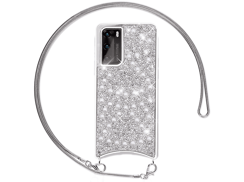 Glitzer NALIA Kette zum Umhängen, Silikon Silber mit Backcover, Hülle Huawei, P40,