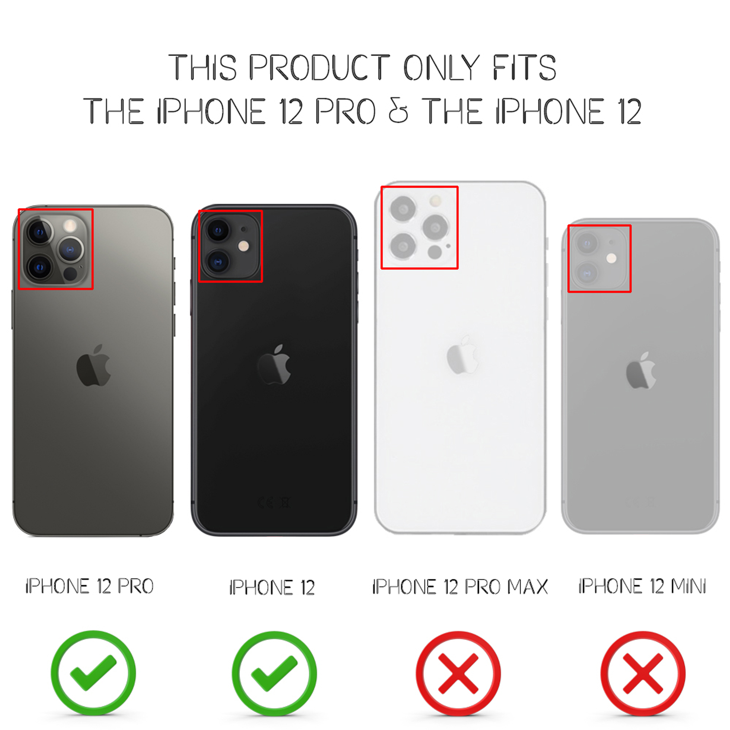 Cuatro iPhones. Dos iPhones 12 Pro y dos iPhones 12. Las fundas solo se ajustan a Pro y 12.