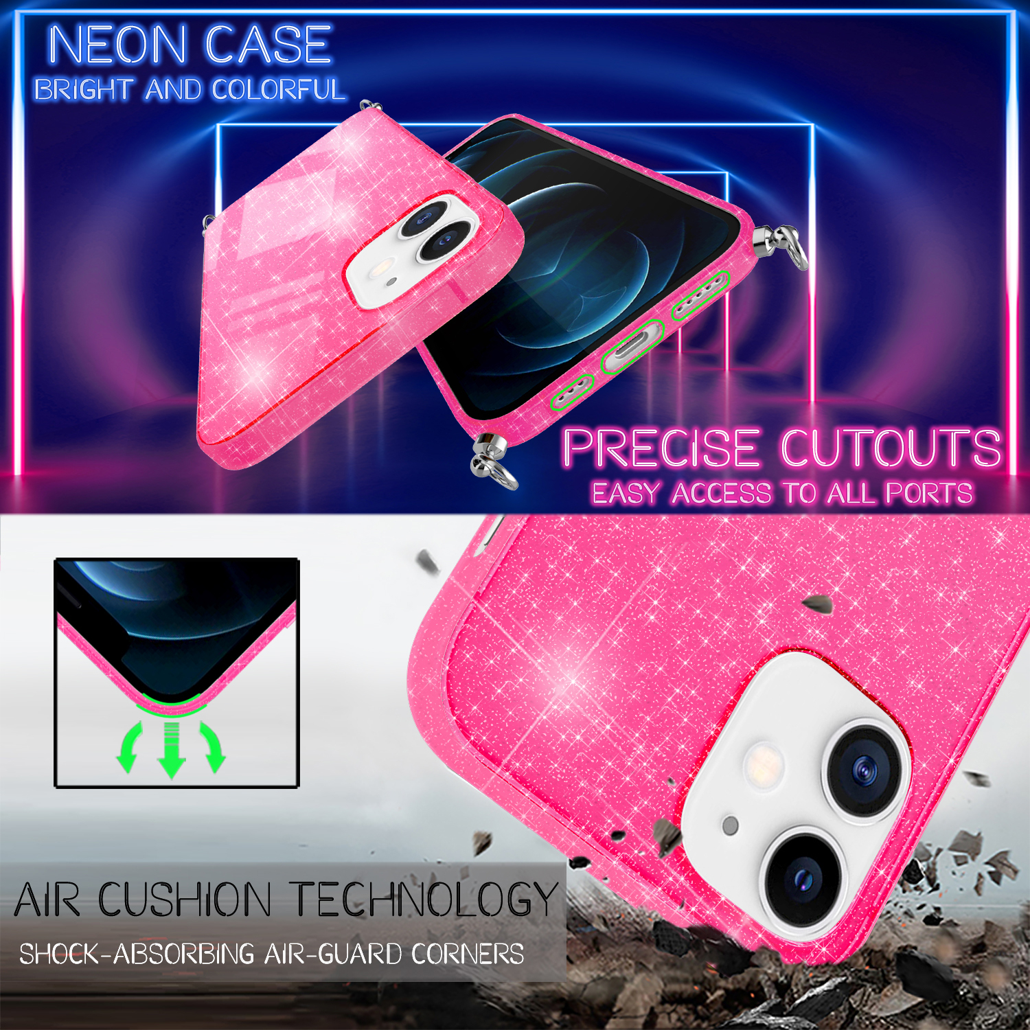 12 Backcover, NALIA mit Pro, Hülle Silikon Umhängen, Kette Glitzer Neon iPhone Apple, Pink iPhone zum 12