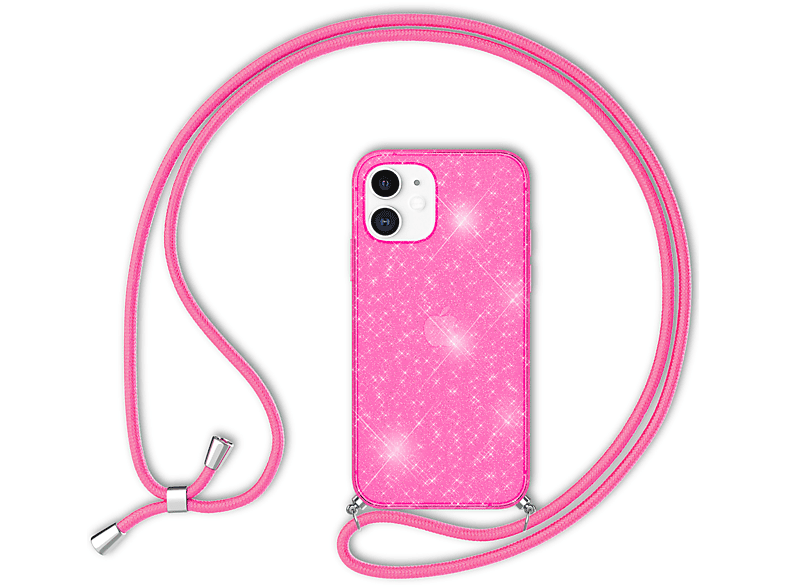 12 Neon Glitzer Apple, Kette mit NALIA Pink iPhone zum Hülle Umhängen, Mini, Silikon Backcover,