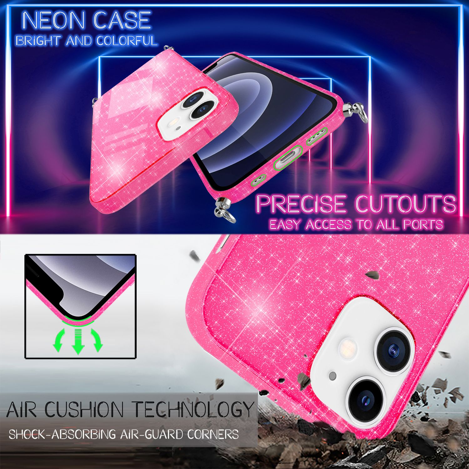 12 Neon Glitzer Apple, Kette mit NALIA Pink iPhone zum Hülle Umhängen, Mini, Silikon Backcover,