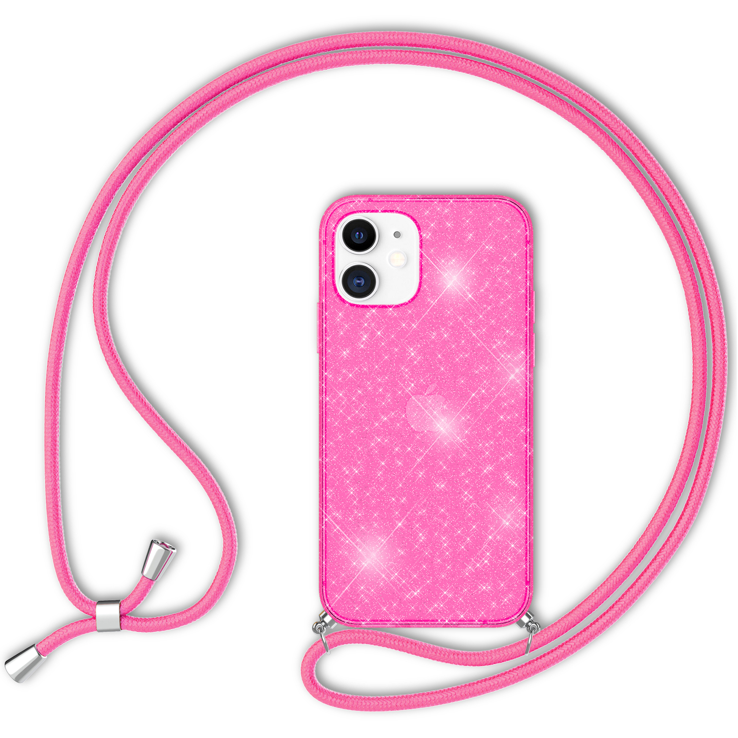 NALIA Neon Glitzer Silikon Hülle 12 Apple, zum mit Pro, iPhone 12 Kette iPhone Pink Umhängen, Backcover