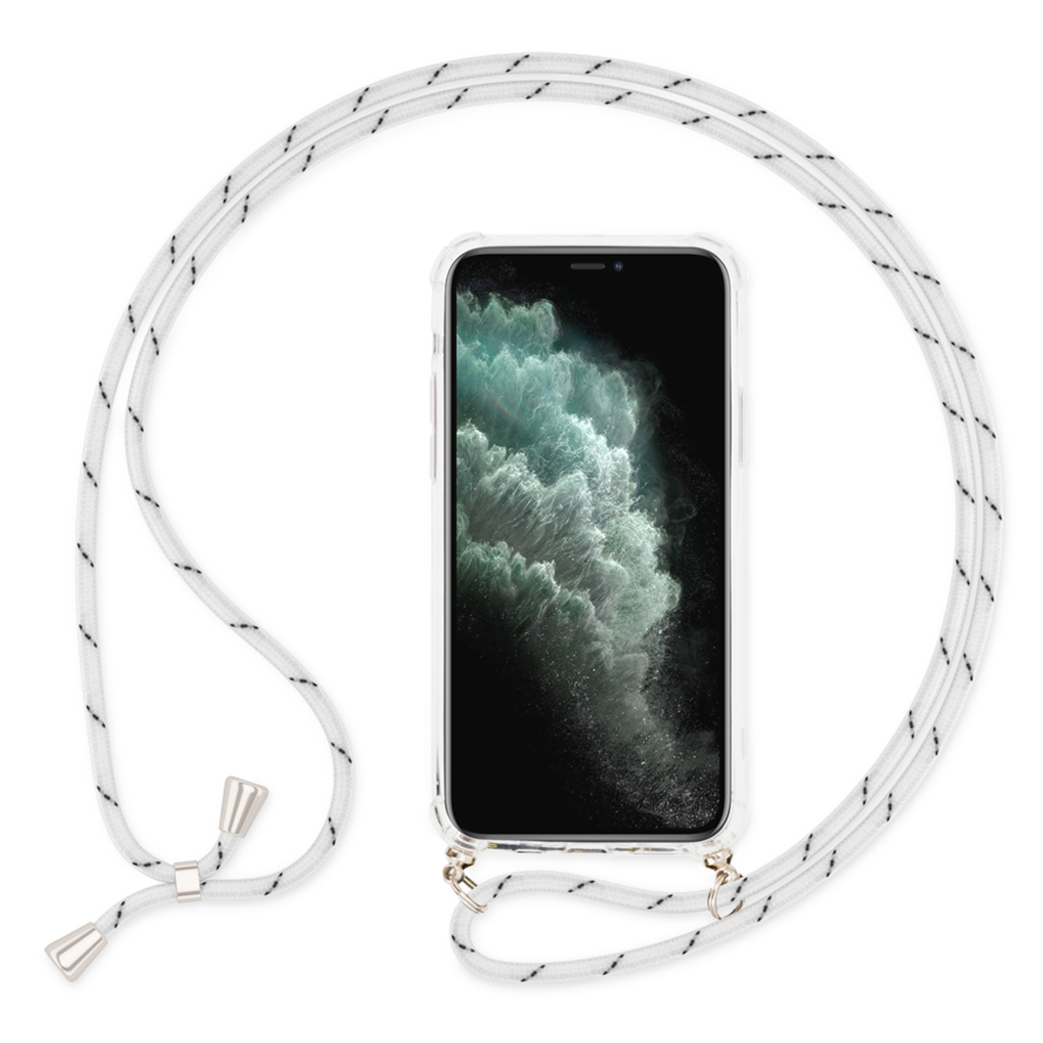 Custodia trasparente per telefono con cinturino bianco e nero.