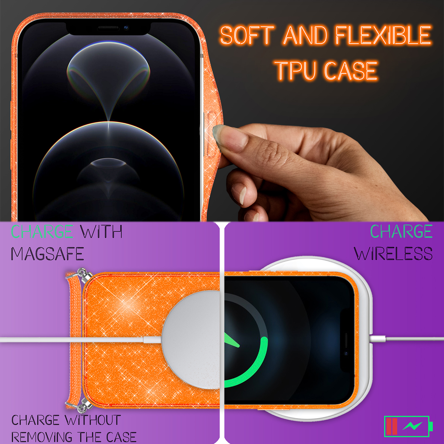Glitzer Max, mit NALIA iPhone 12 Hülle Silikon Umhängen, Orange Neon Pro Backcover, Kette Apple, zum