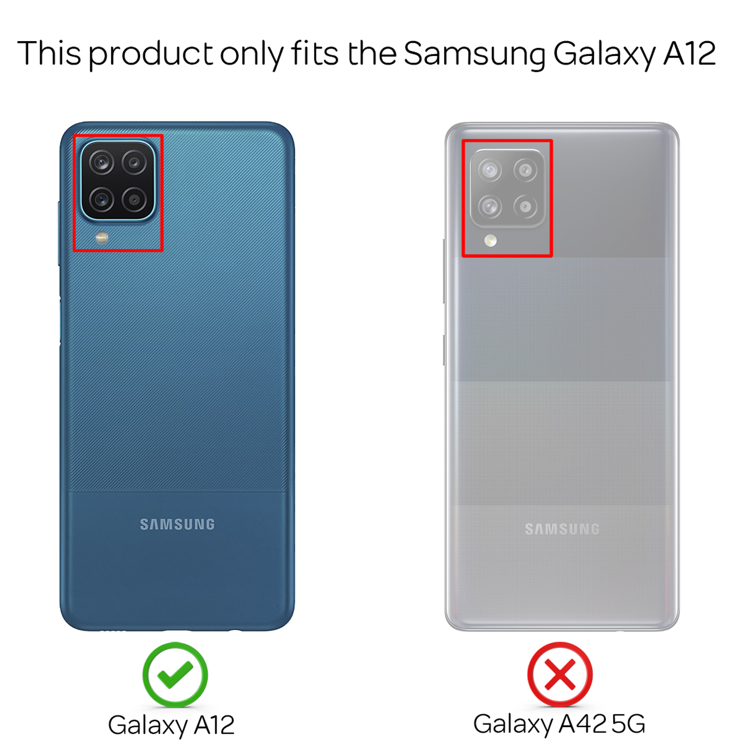 Zwei Samsung Galaxy-Telefone. Das Galaxy A12 in blauem Gehäuse, das A42 5G ist nicht kompatibel.