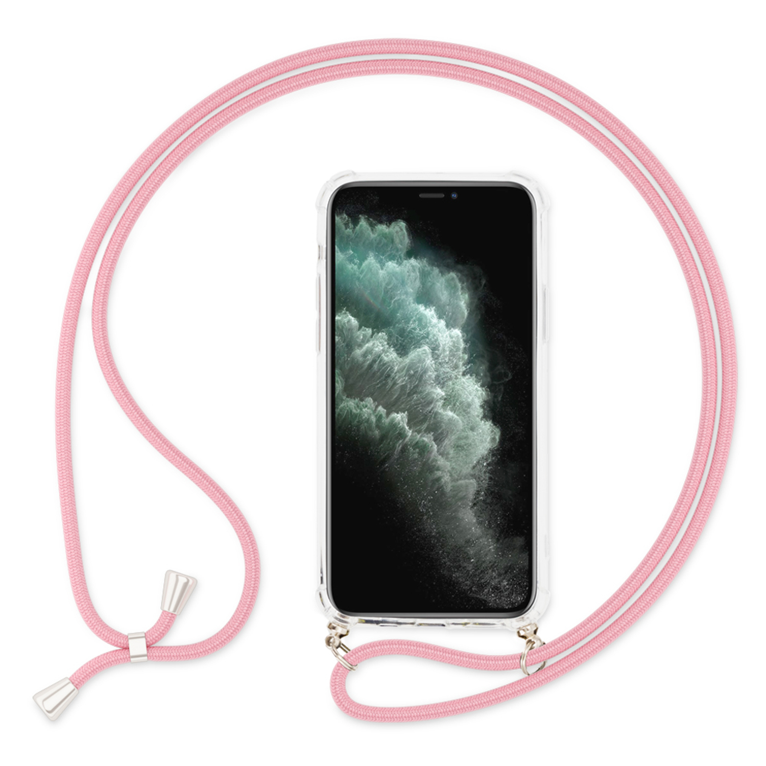 Telefon mit transparenter Hülle und rosa Lanyard. Das Lanyard ist um das Telefon.