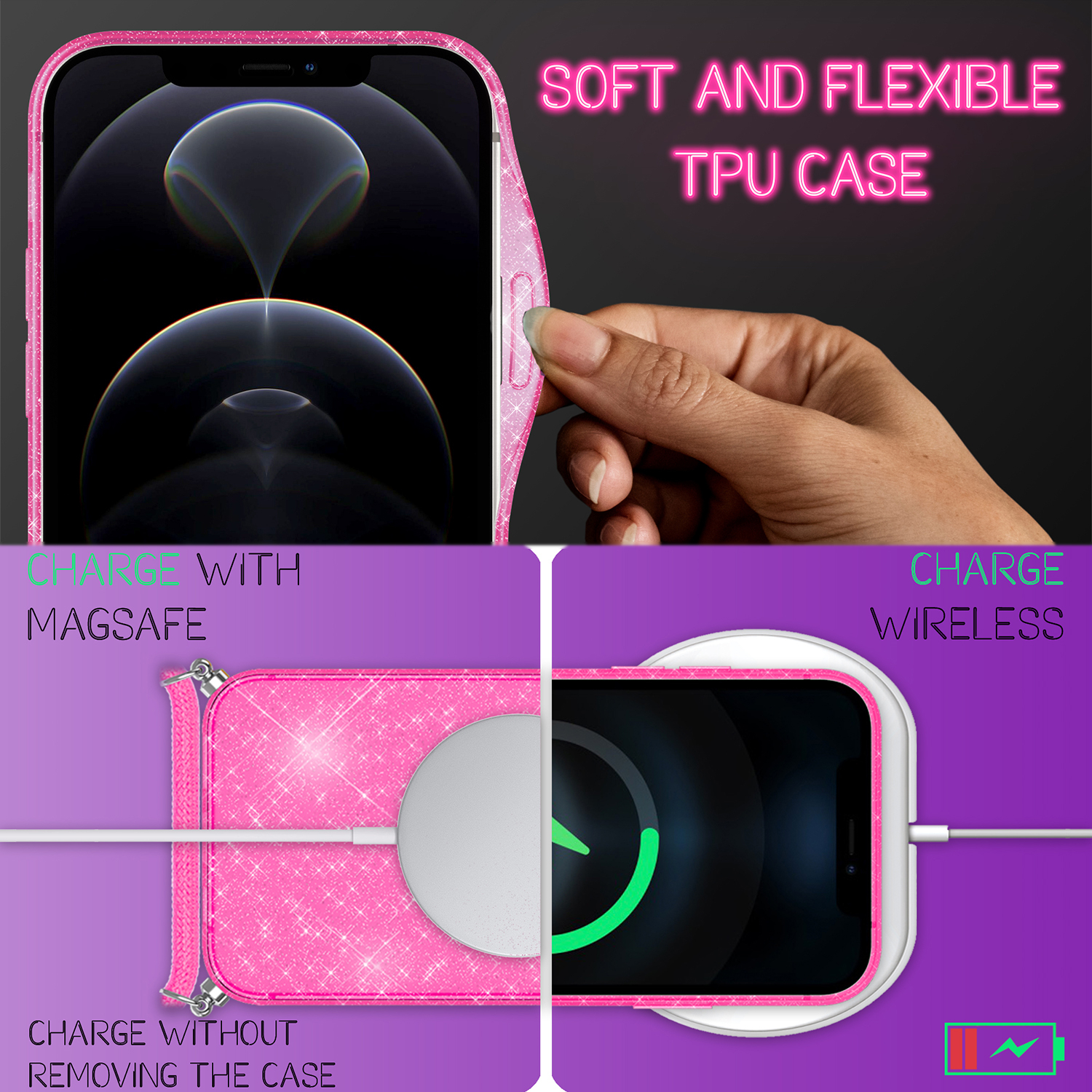 NALIA Neon 12 Pink Pro Silikon zum Hülle Umhängen, Apple, Glitzer Kette iPhone Max, mit Backcover