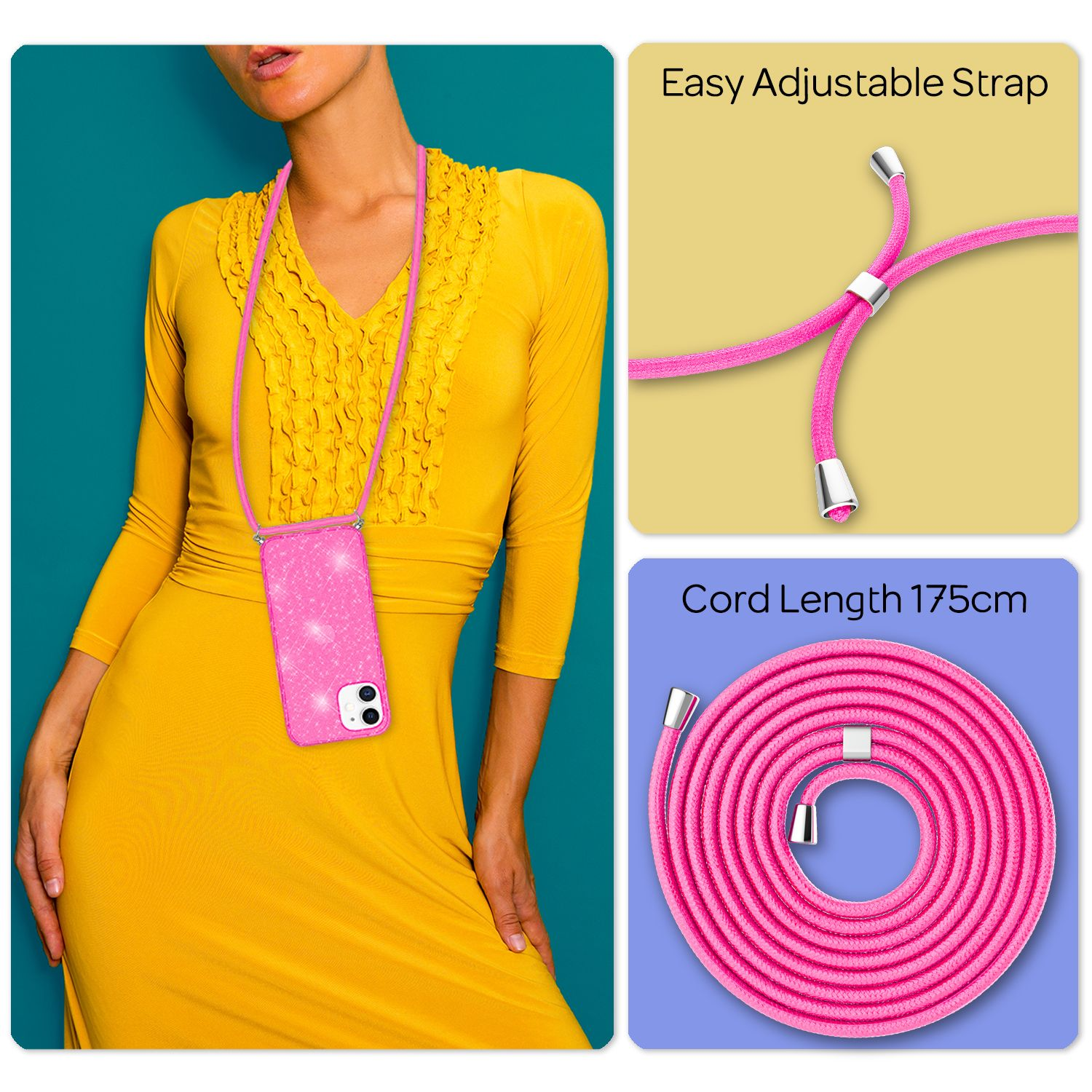 Frau in gelbem Kleid mit pinkfarbener Handyhülle. Pinkfarbener Gurt um den Hals. Details sind verstellbarer Gurt und 175cm Kordel.