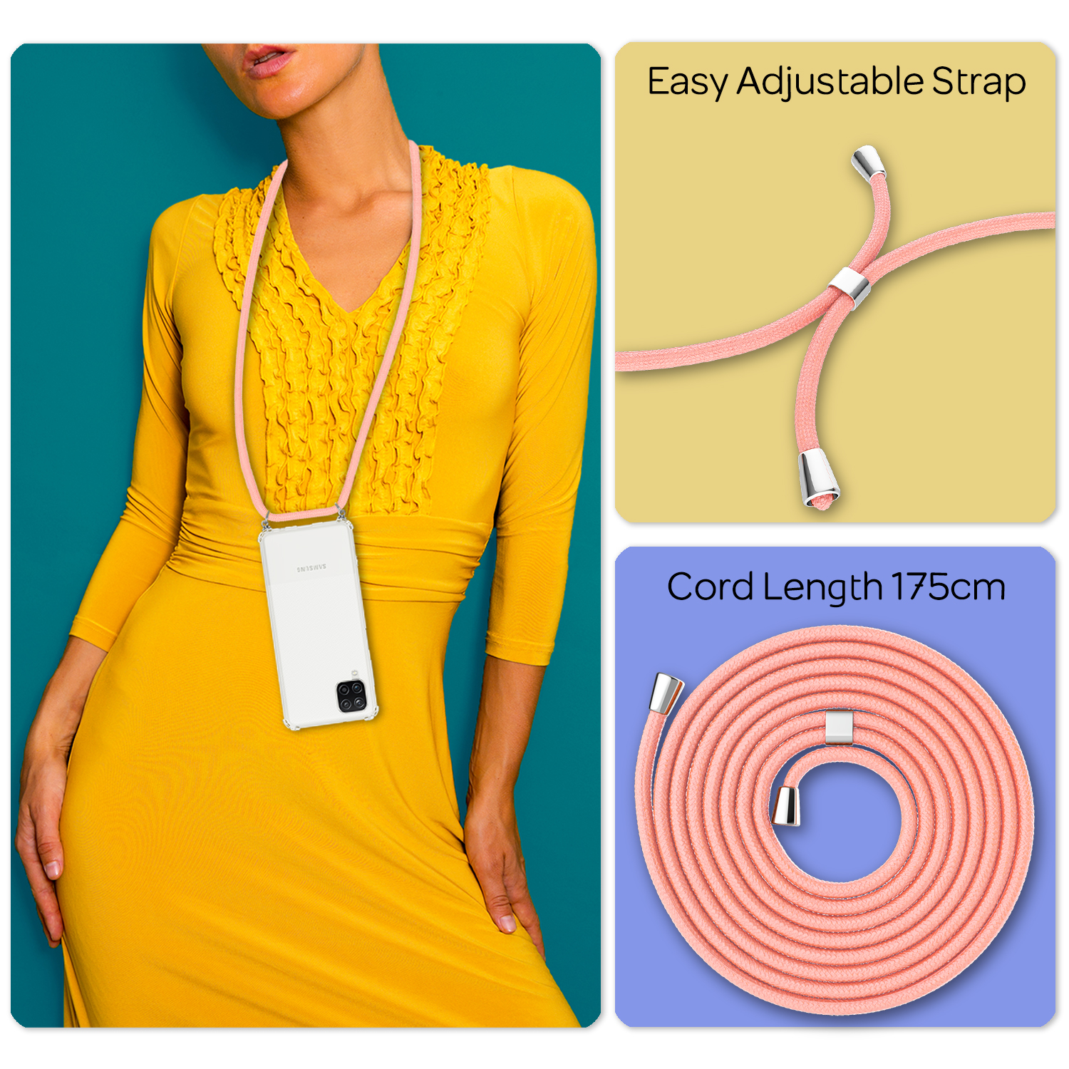 Eine Frau in gelbem Kleid hält ein Telefon mit pinker Kordel, mit zusätzlichen Diagrammen.