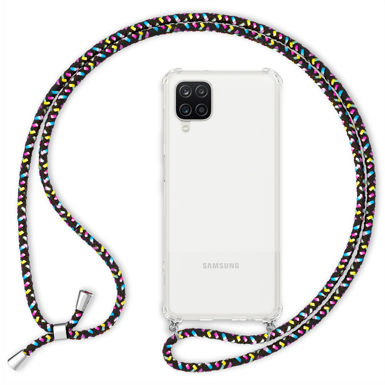 Una custodia per telefono con cinturino colorato. La custodia è trasparente con un telefono all'interno.