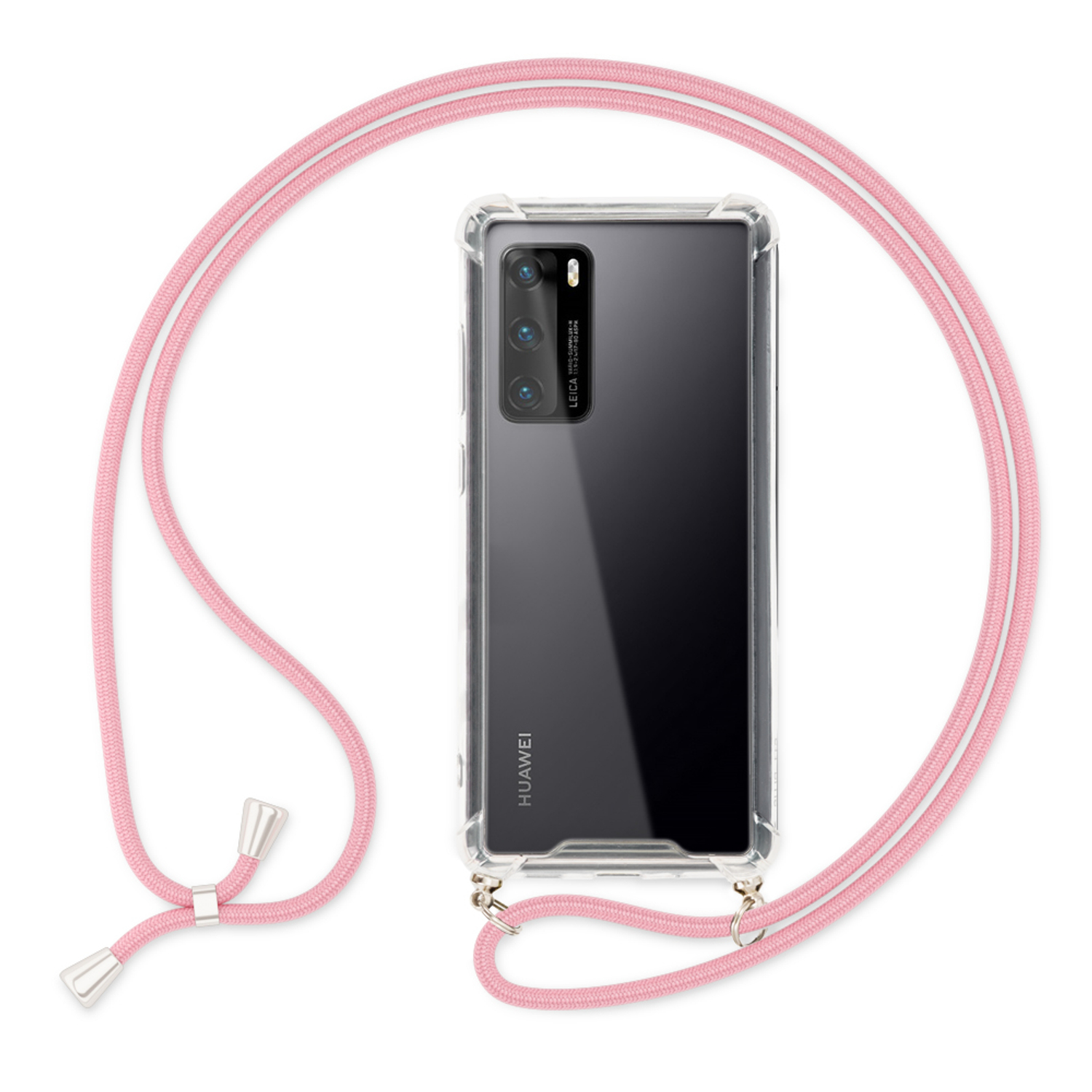 Custodia trasparente con cinturino rosa. Telefono all'interno. Sfondo bianco.
