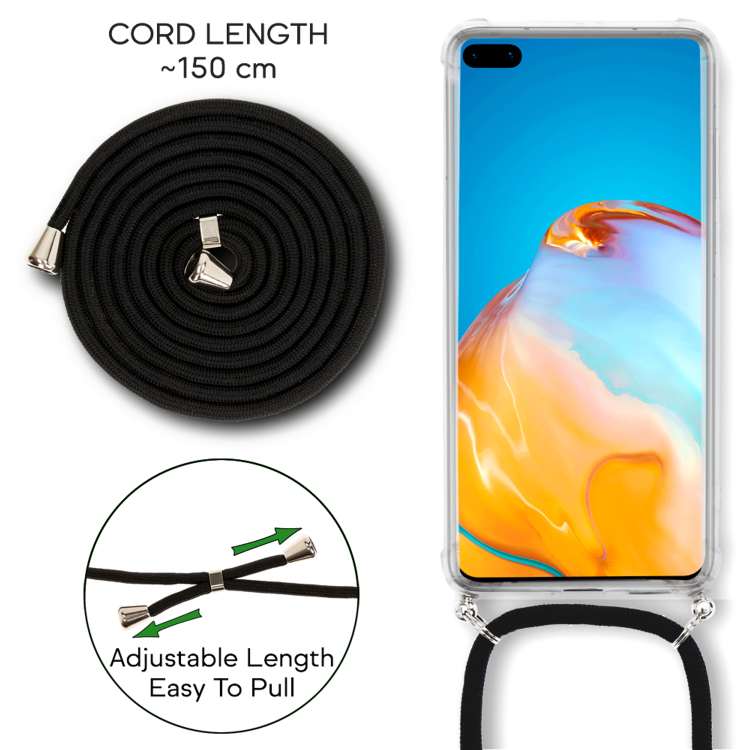 Cavo telefonico nero con chiusure argentate, lunghezza regolabile. Telefono con custodia trasparente a destra.