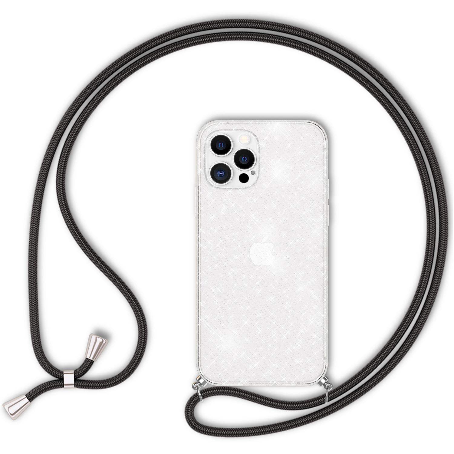 Transparente Glitzer-Handyhülle mit schwarzem Band, zeigt ein Telefon.