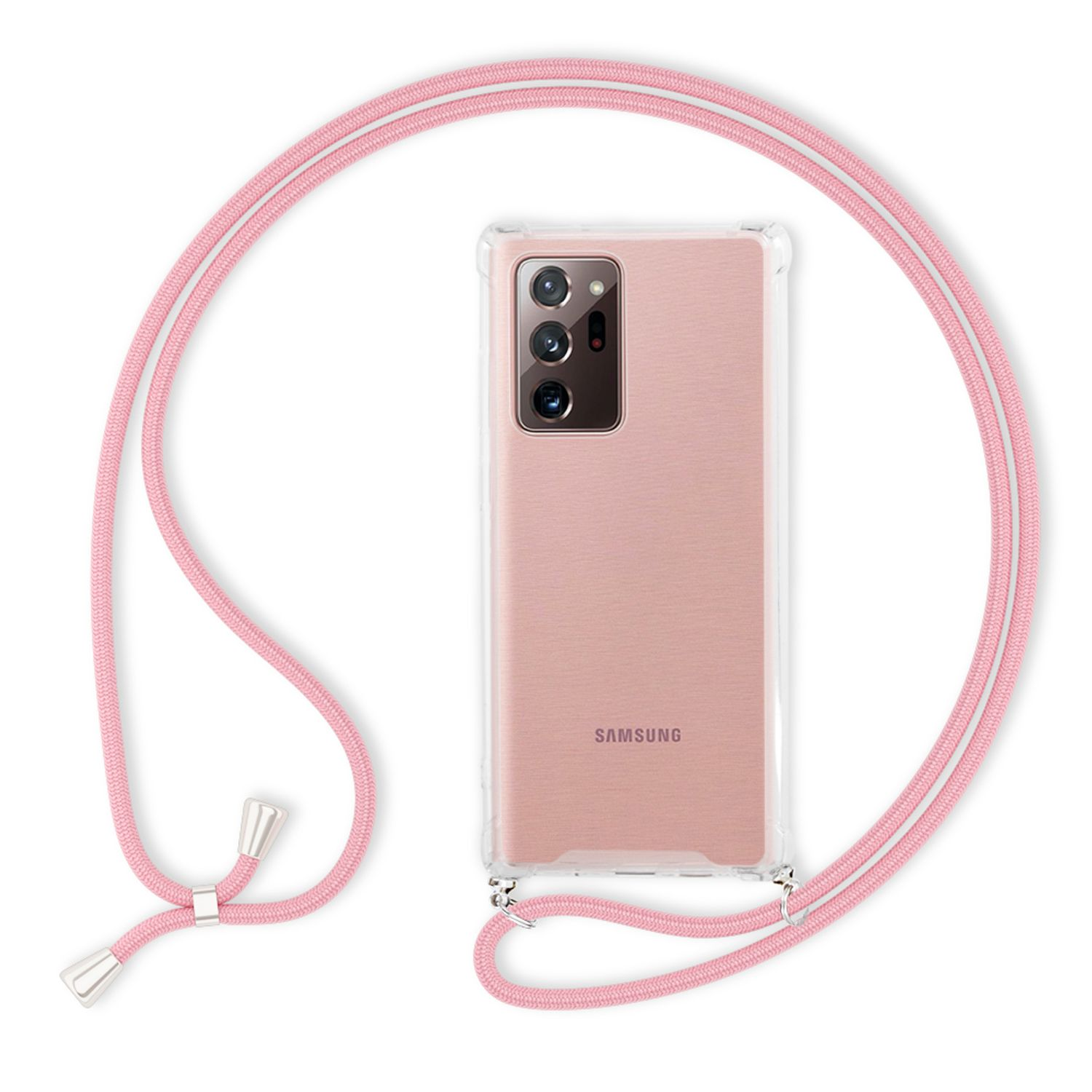 Custodia trasparente con cordino rosa, telefono all'interno, con cinturino rosa.