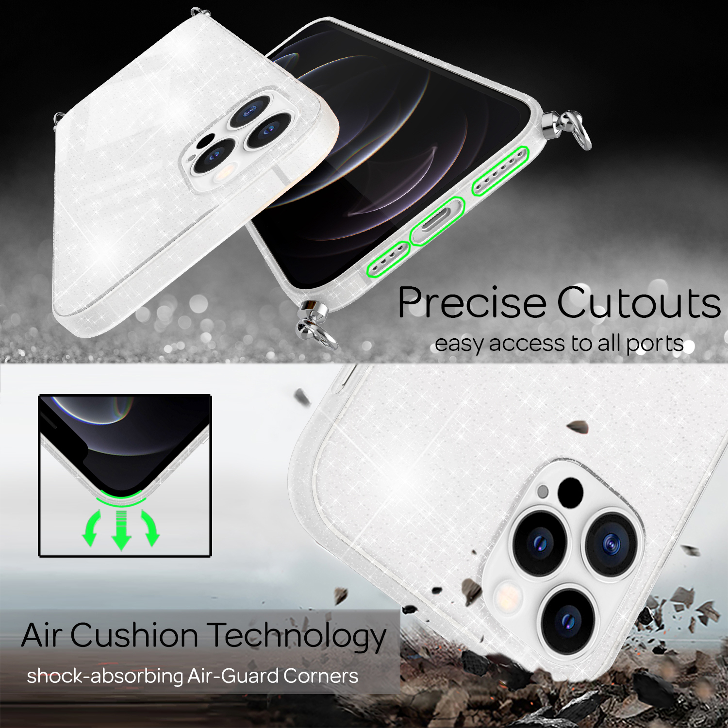 Handyhülle mit präzisen Aussparungen. Text: Air Cushion Technology, stoßabsorbierende Air-Guard Ecken.
