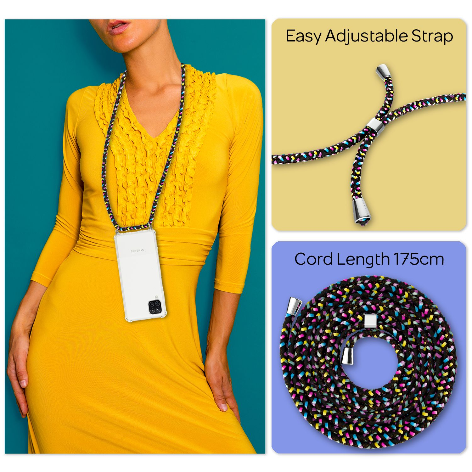 Una donna in abito giallo con una collana con custodia per telefono, con cinturino regolabile e lunghezza del cordino.