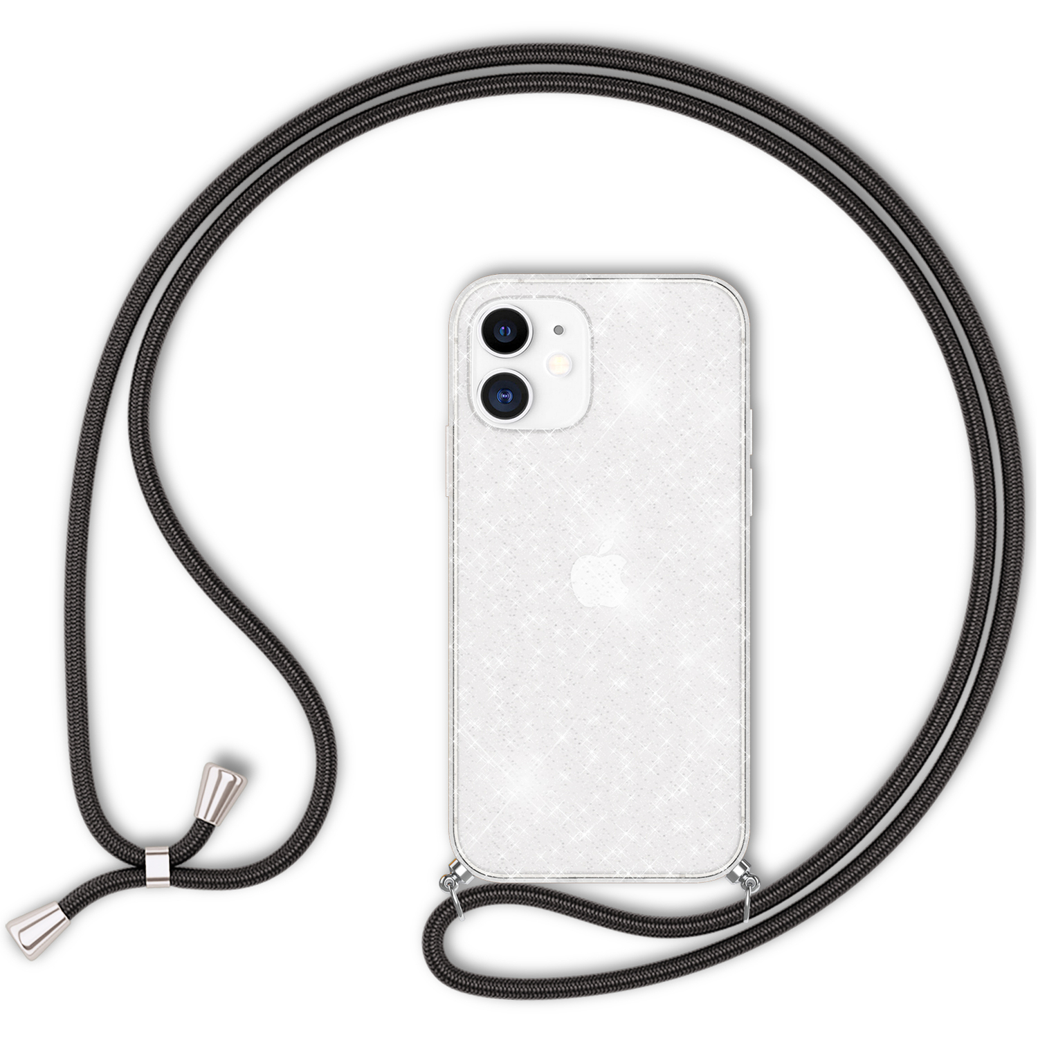 Un teléfono con una funda transparente y correa negra. La funda tiene purpurina, la correa detalles plateados.