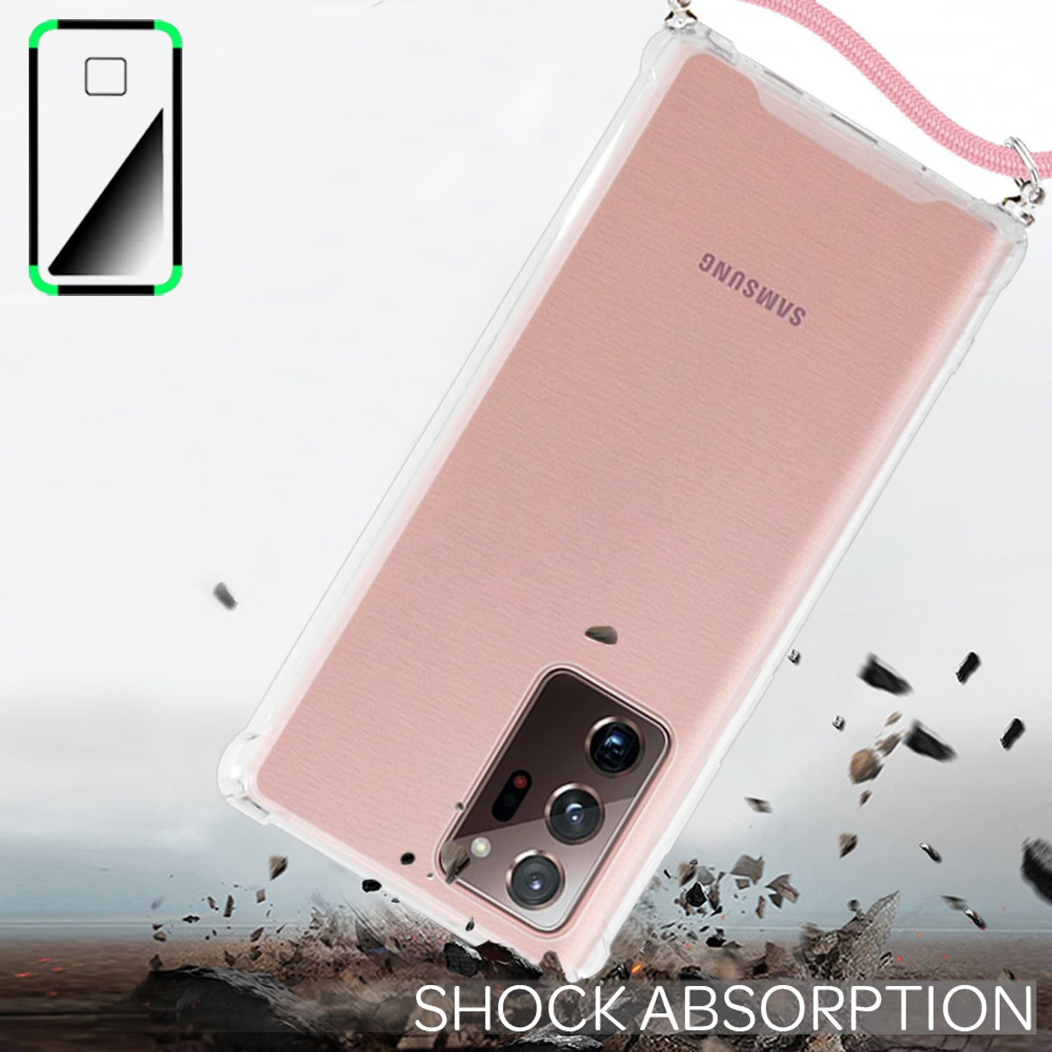 Ein pinkfarbenes Telefon in einer transparenten Hülle, mit pinkfarbenem Band und dem Text 'SHOCK ABSORPTION'.